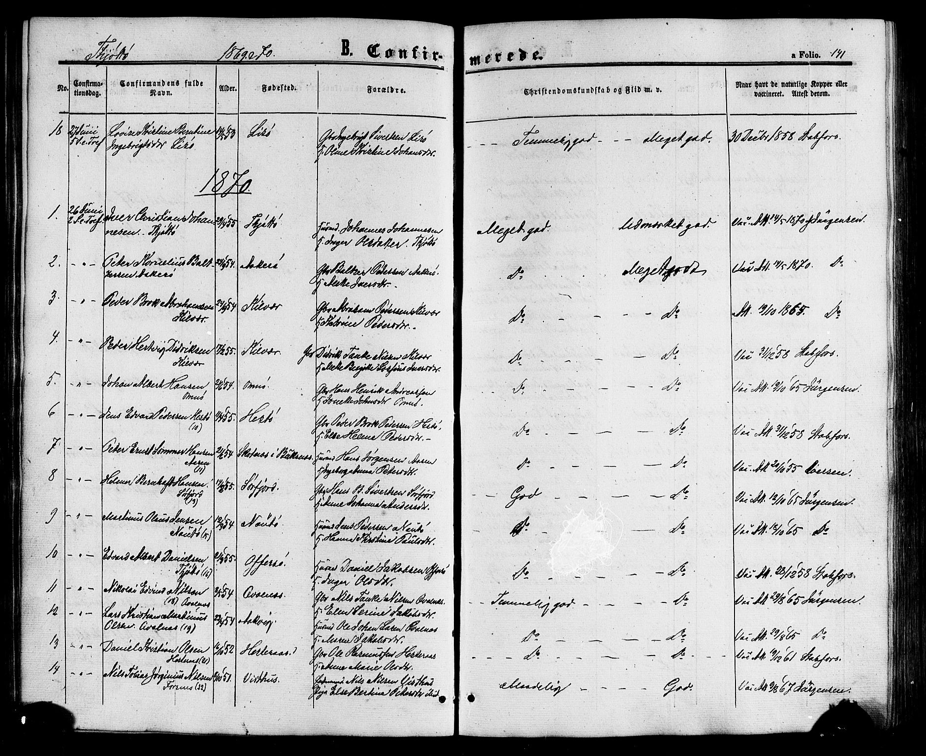 Ministerialprotokoller, klokkerbøker og fødselsregistre - Nordland, AV/SAT-A-1459/817/L0262: Parish register (official) no. 817A03/ 1, 1862-1877, p. 141