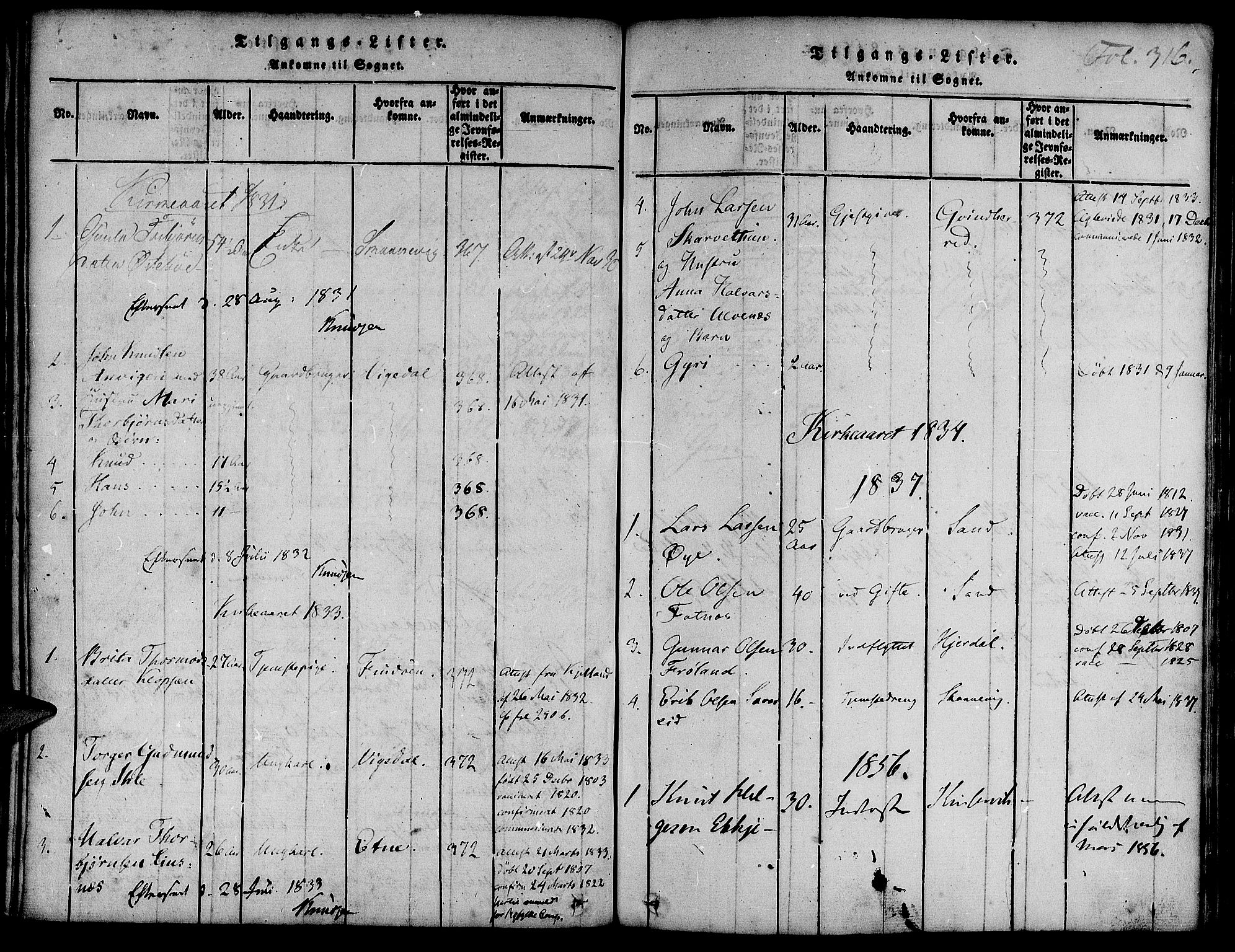 Suldal sokneprestkontor, SAST/A-101845/01/IV/L0007: Parish register (official) no. A 7, 1817-1838, p. 316