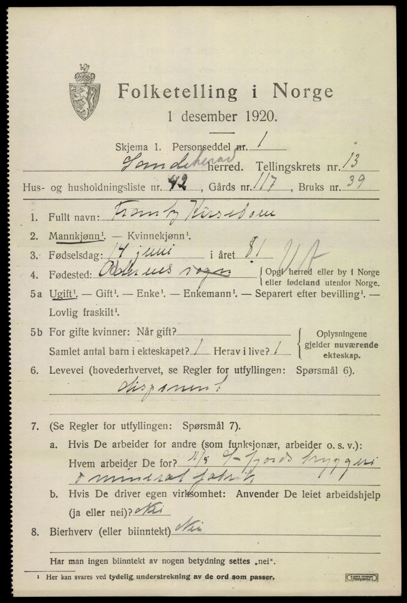 SAKO, 1920 census for Sandeherred, 1920, p. 19800