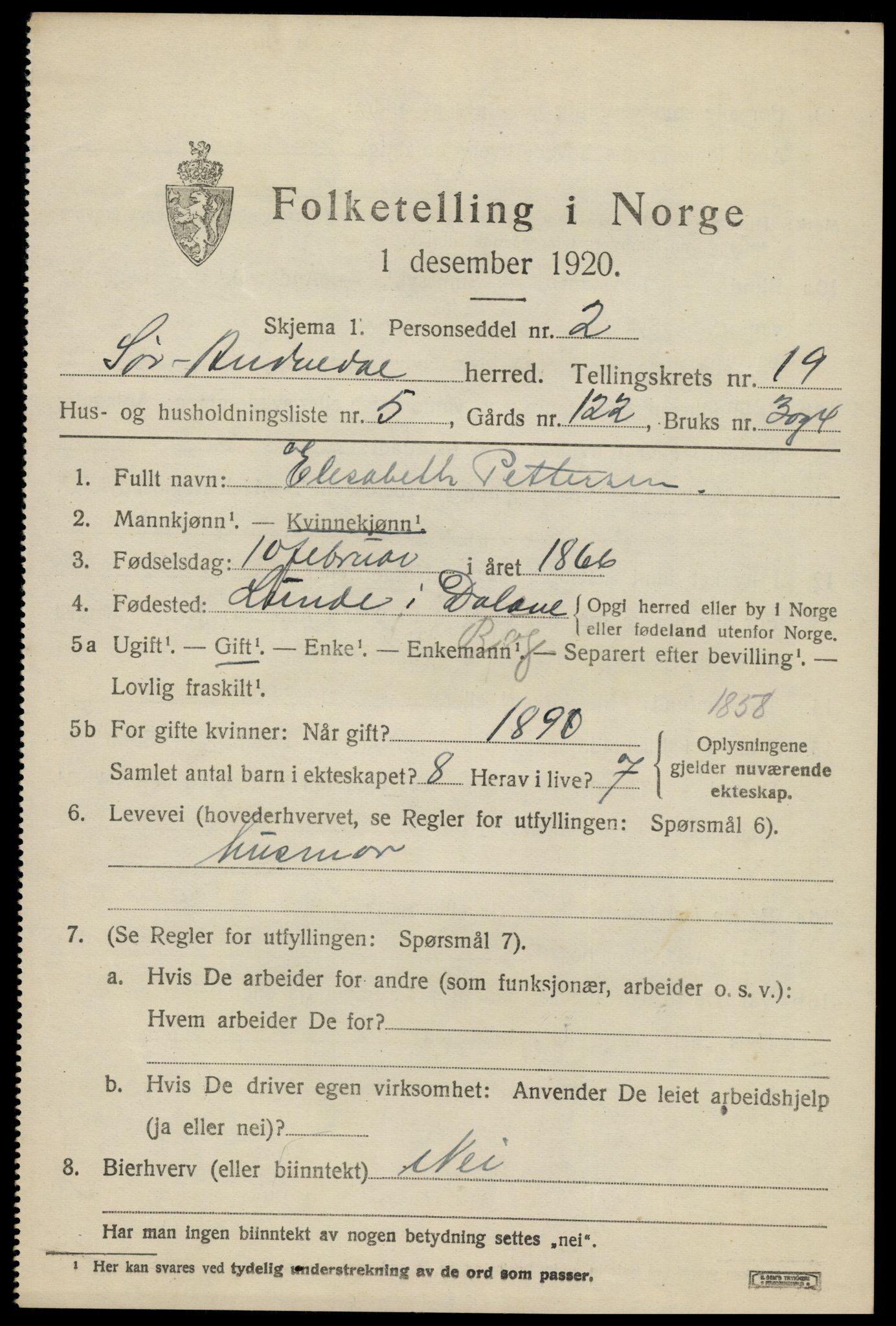 SAK, 1920 census for Sør-Audnedal, 1920, p. 6629