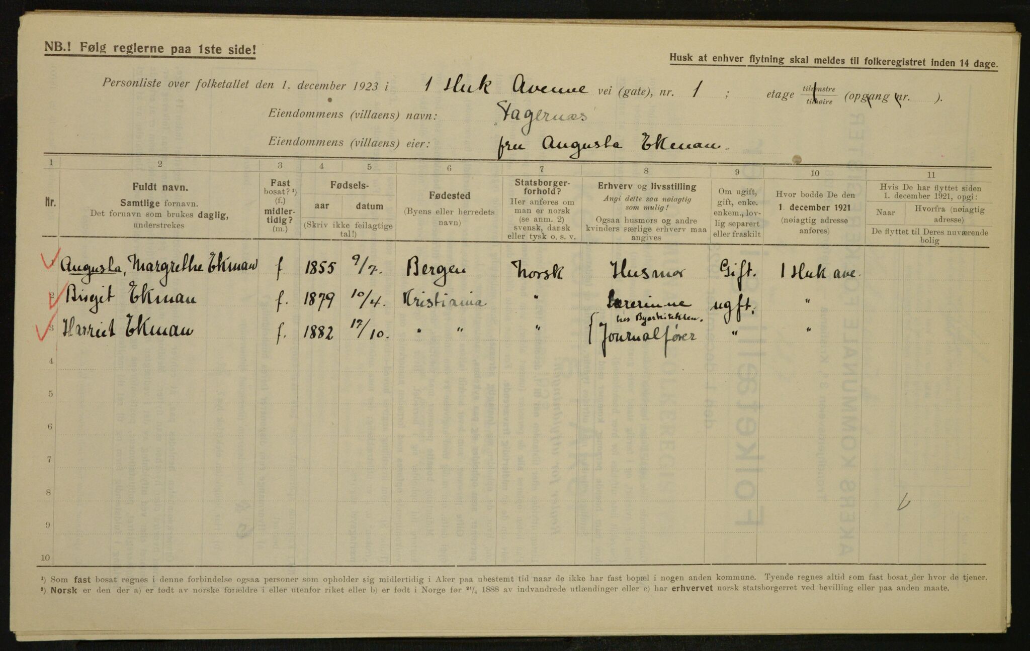 , Municipal Census 1923 for Aker, 1923, p. 2976