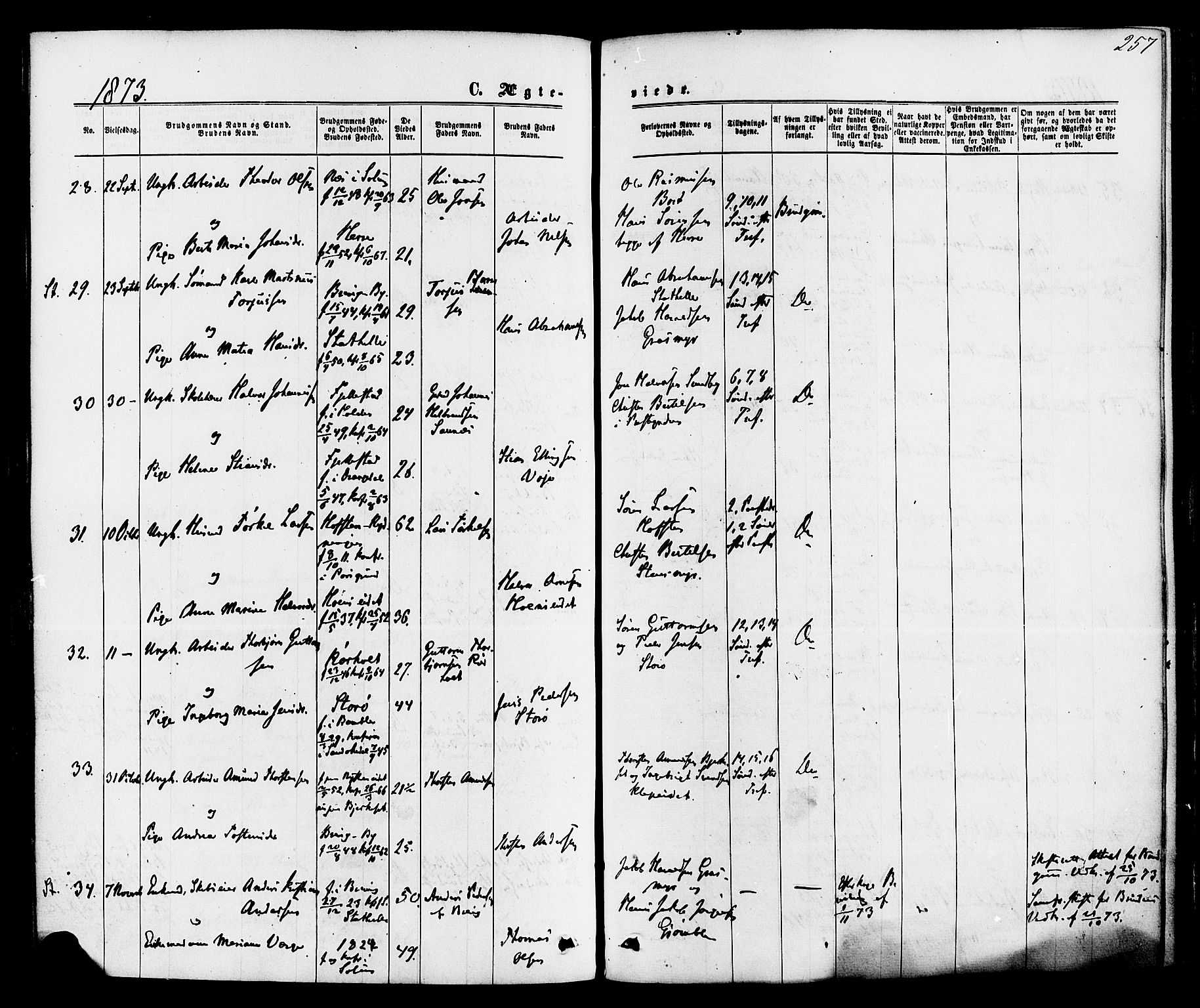 Bamble kirkebøker, AV/SAKO-A-253/F/Fa/L0006: Parish register (official) no. I 6, 1869-1877, p. 257