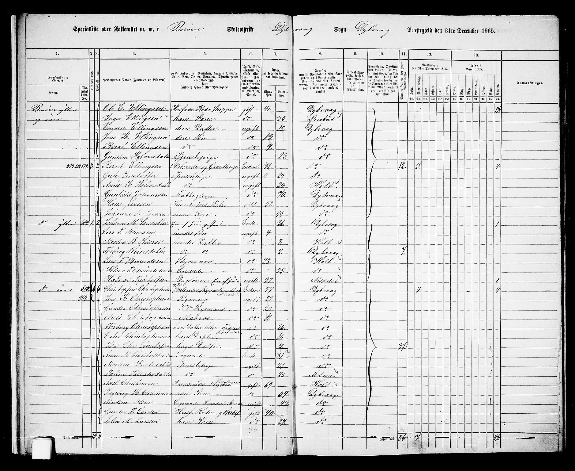 RA, 1865 census for Dypvåg, 1865, p. 13