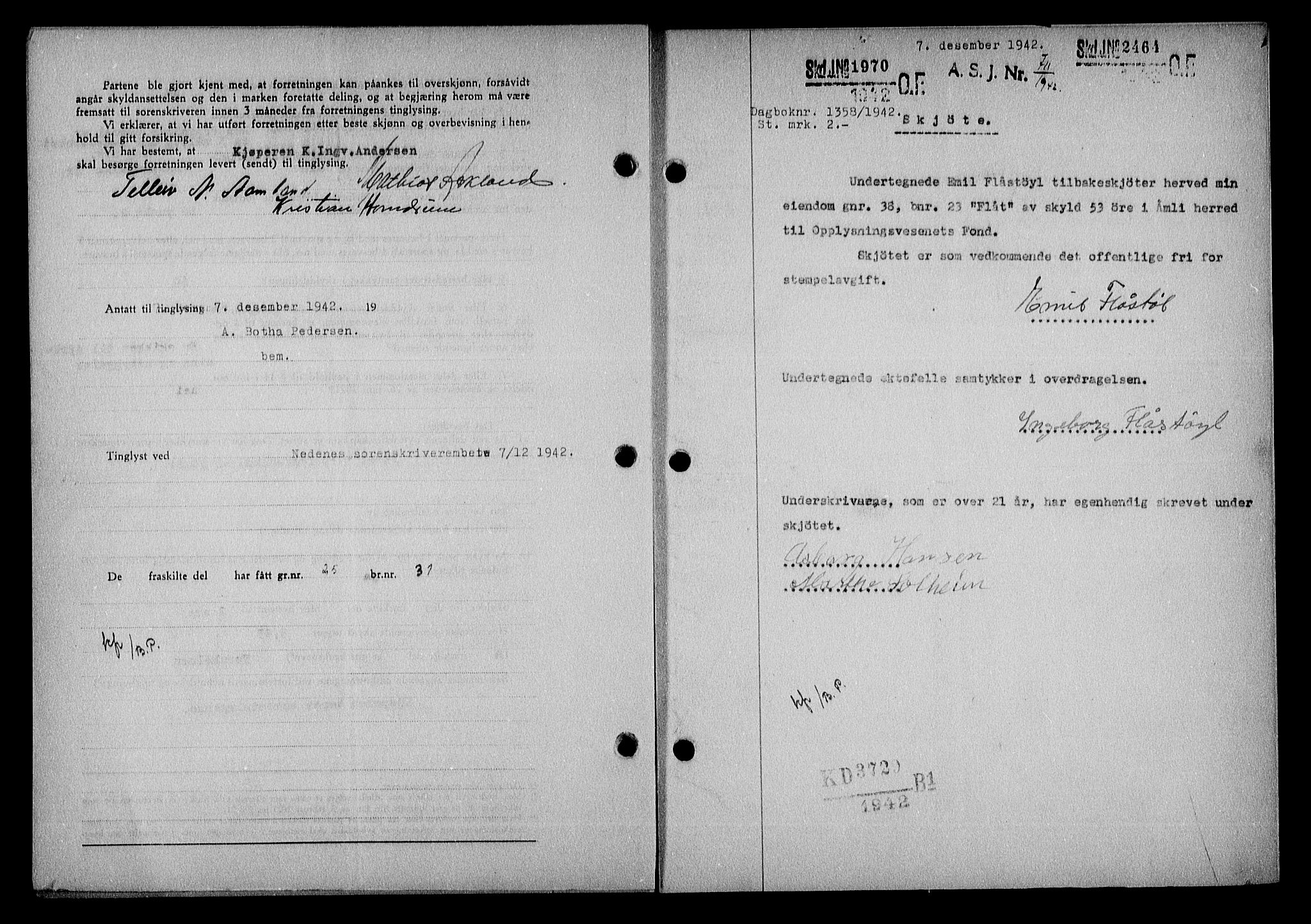 Nedenes sorenskriveri, AV/SAK-1221-0006/G/Gb/Gba/L0050: Mortgage book no. A-IV, 1942-1943, Diary no: : 1358/1942
