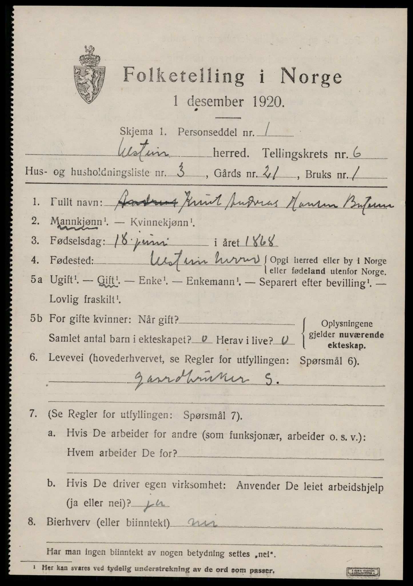 SAT, 1920 census for Ulstein, 1920, p. 3802