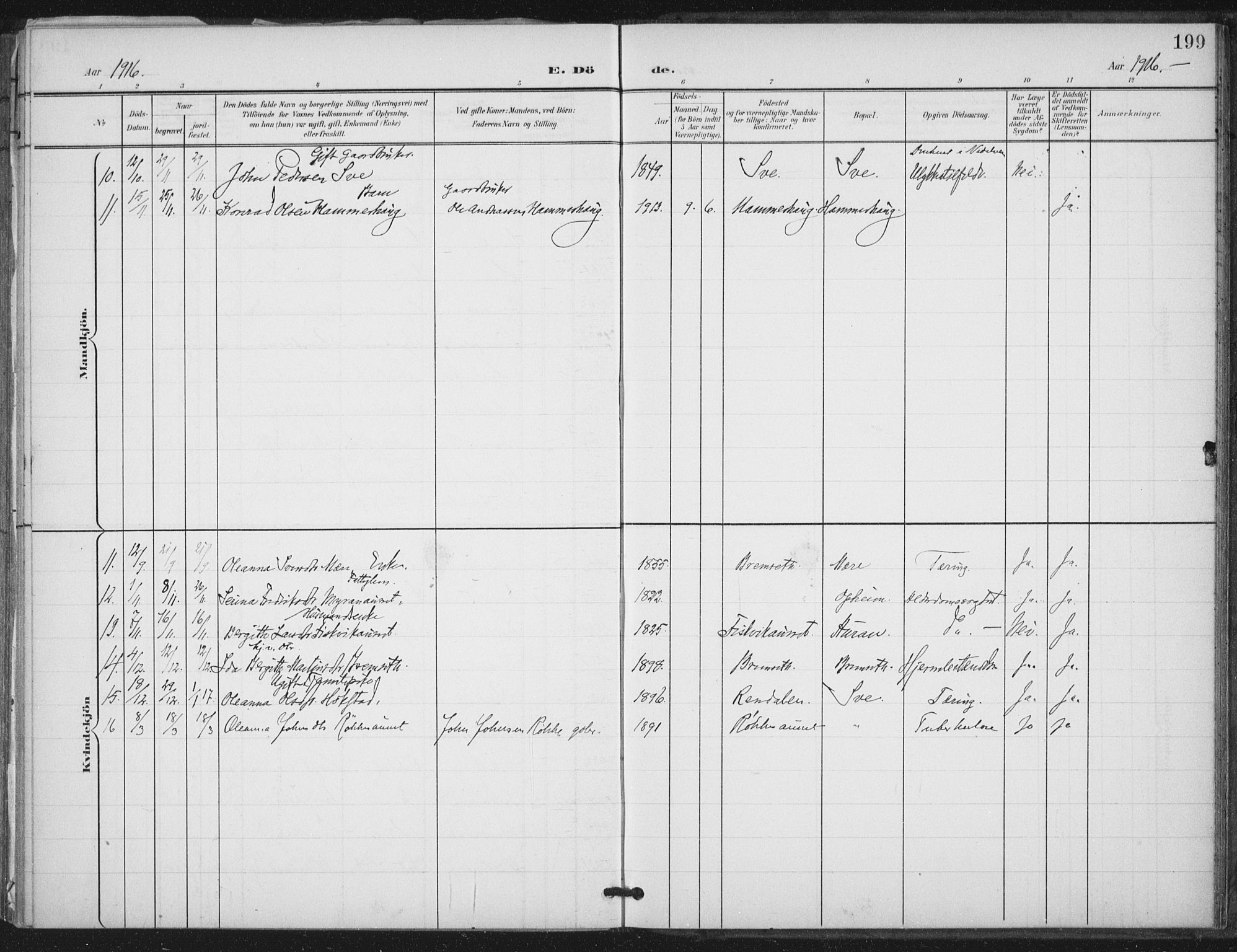Ministerialprotokoller, klokkerbøker og fødselsregistre - Nord-Trøndelag, SAT/A-1458/712/L0101: Parish register (official) no. 712A02, 1901-1916, p. 199