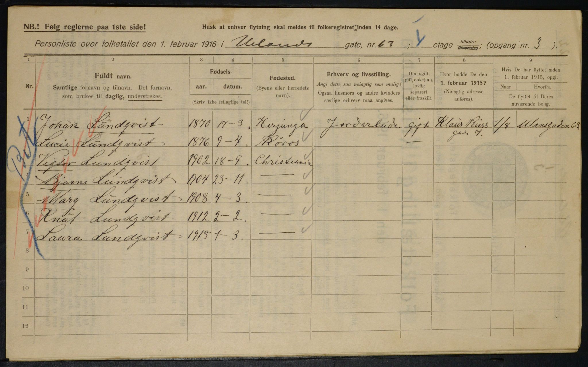 OBA, Municipal Census 1916 for Kristiania, 1916, p. 122121