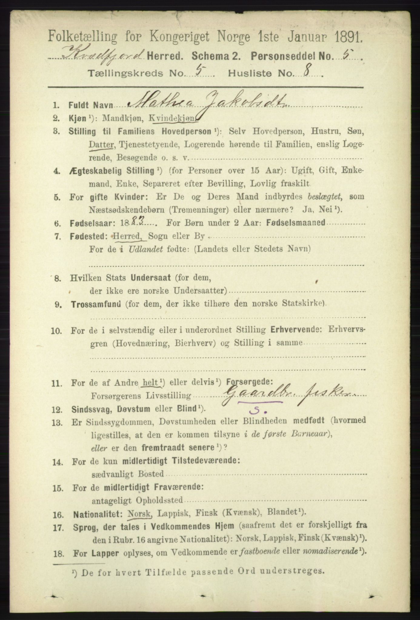 RA, 1891 census for 1911 Kvæfjord, 1891, p. 2912