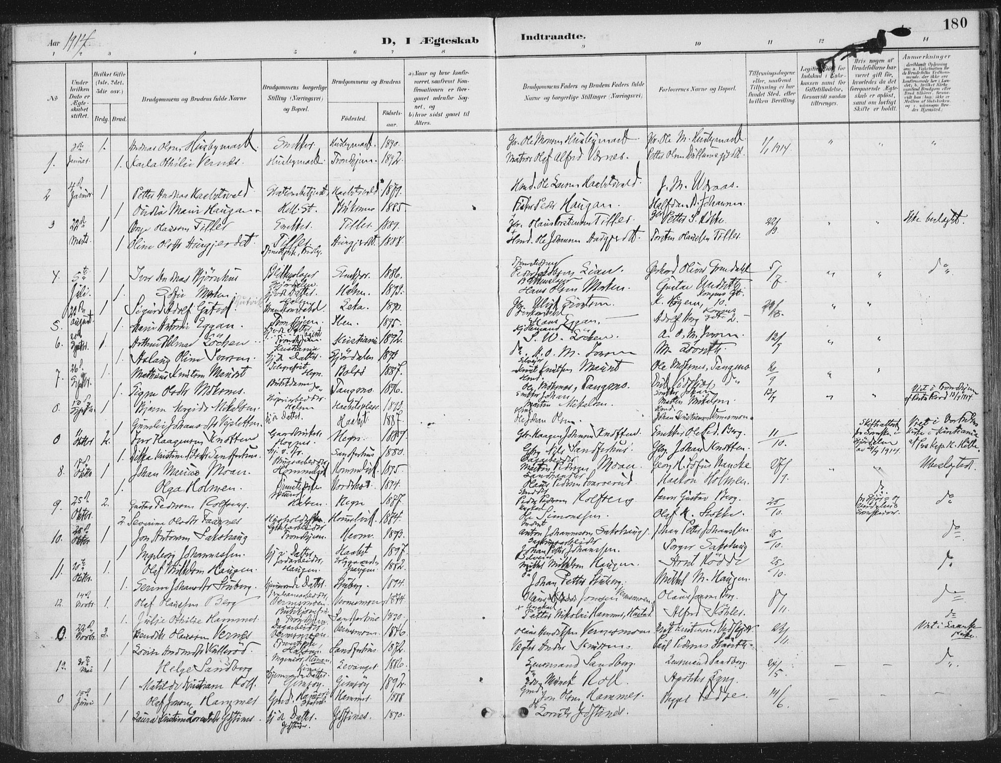 Ministerialprotokoller, klokkerbøker og fødselsregistre - Nord-Trøndelag, SAT/A-1458/709/L0082: Parish register (official) no. 709A22, 1896-1916, p. 180