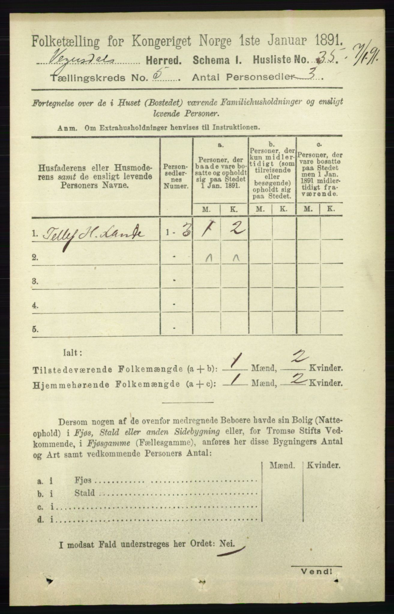 RA, 1891 census for 0934 Vegusdal, 1891, p. 882