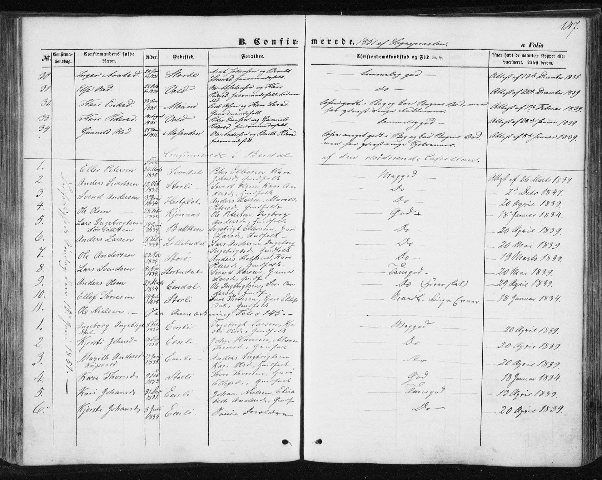 Ministerialprotokoller, klokkerbøker og fødselsregistre - Sør-Trøndelag, SAT/A-1456/687/L1000: Parish register (official) no. 687A06, 1848-1869, p. 147