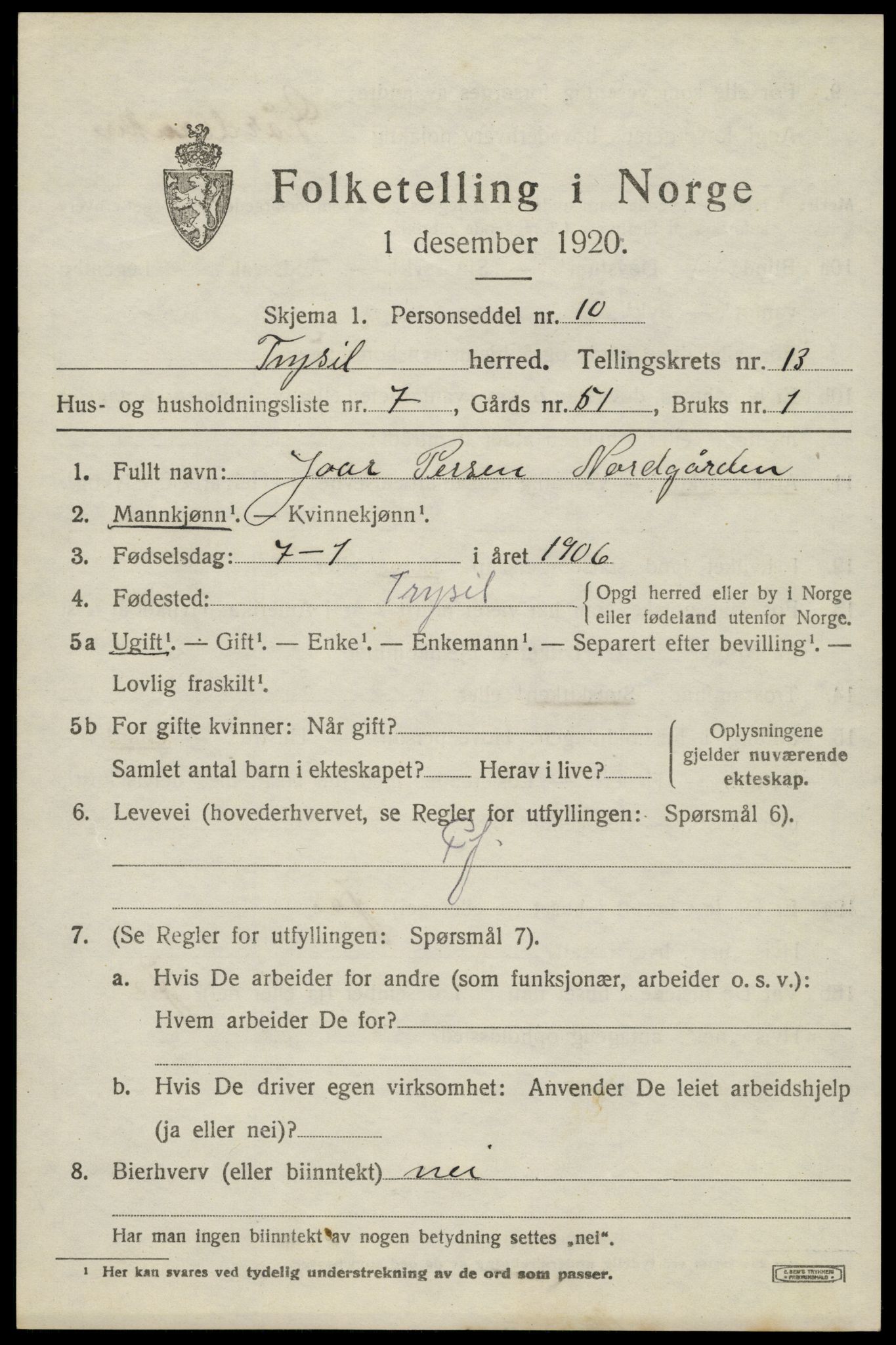 SAH, 1920 census for Trysil, 1920, p. 7711