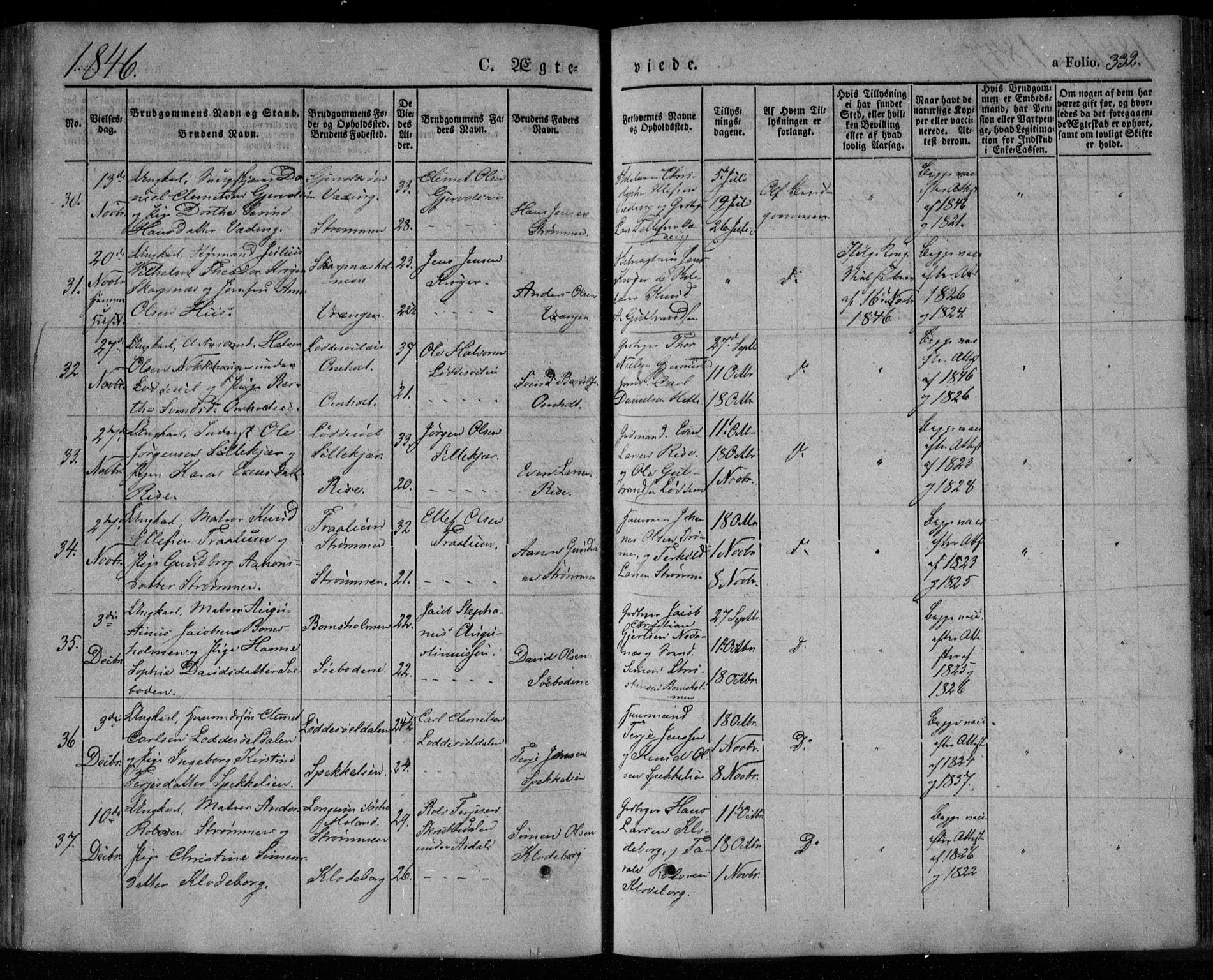 Øyestad sokneprestkontor, SAK/1111-0049/F/Fa/L0014: Parish register (official) no. A 14, 1843-1856, p. 332