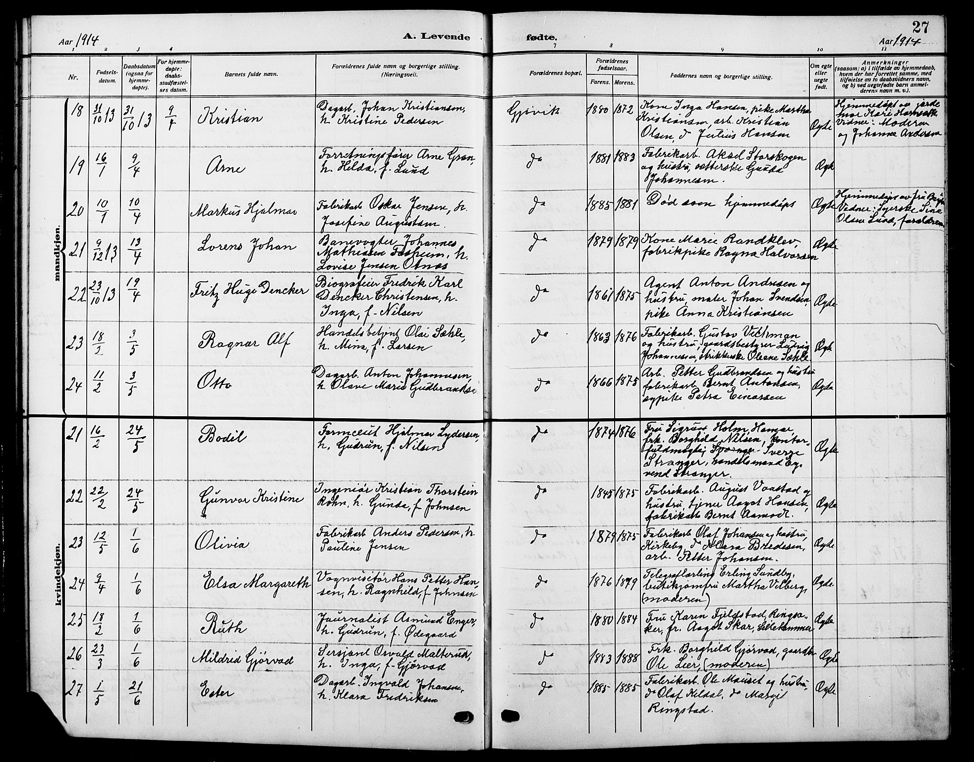 Vardal prestekontor, AV/SAH-PREST-100/H/Ha/Hab/L0014: Parish register (copy) no. 14, 1911-1922, p. 27