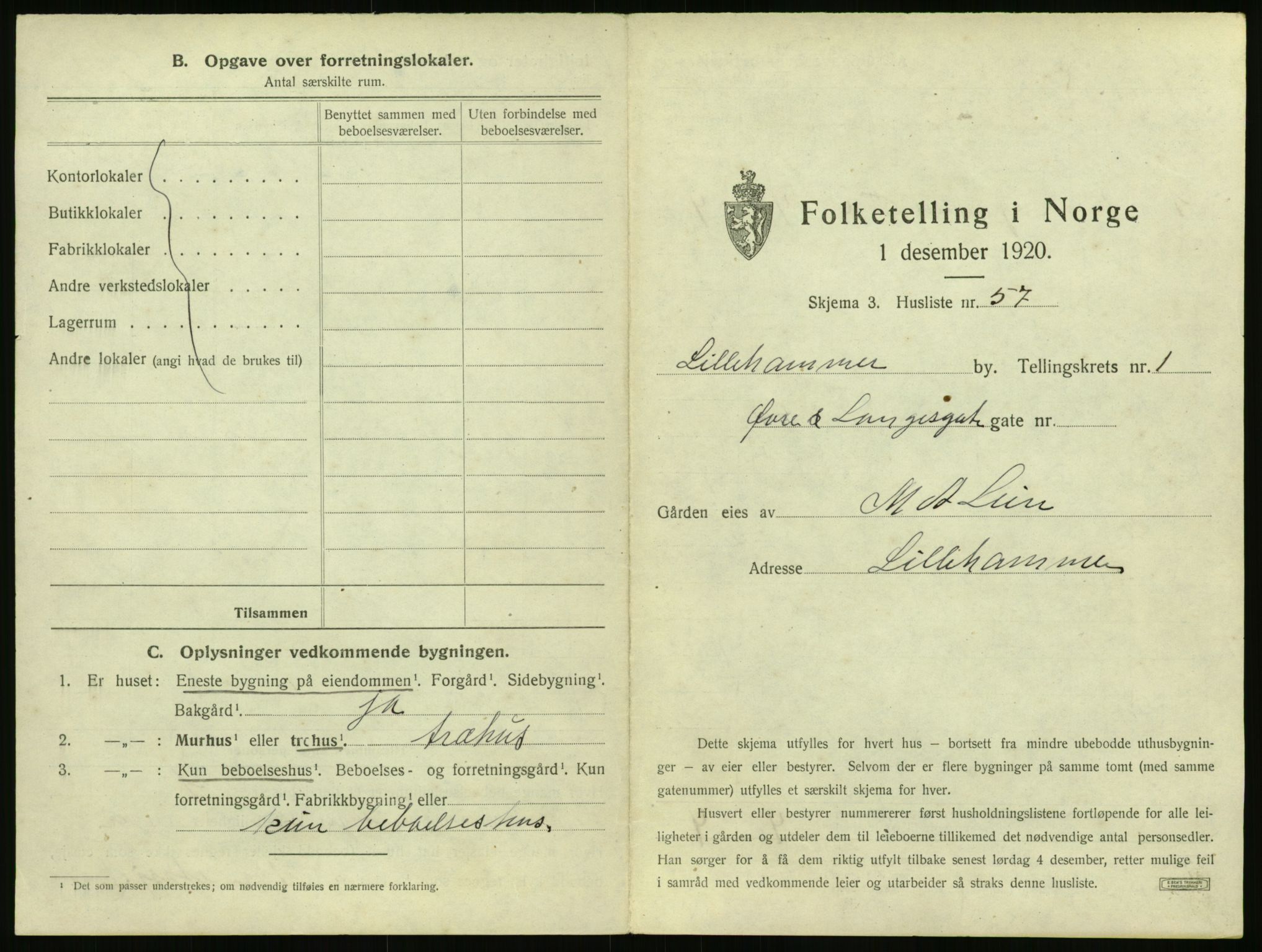 SAH, 1920 census for Lillehammer, 1920, p. 156