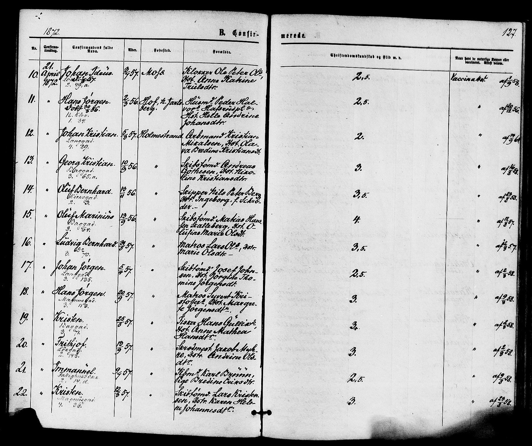 Holmestrand kirkebøker, AV/SAKO-A-346/F/Fa/L0003: Parish register (official) no. 3, 1867-1879, p. 127