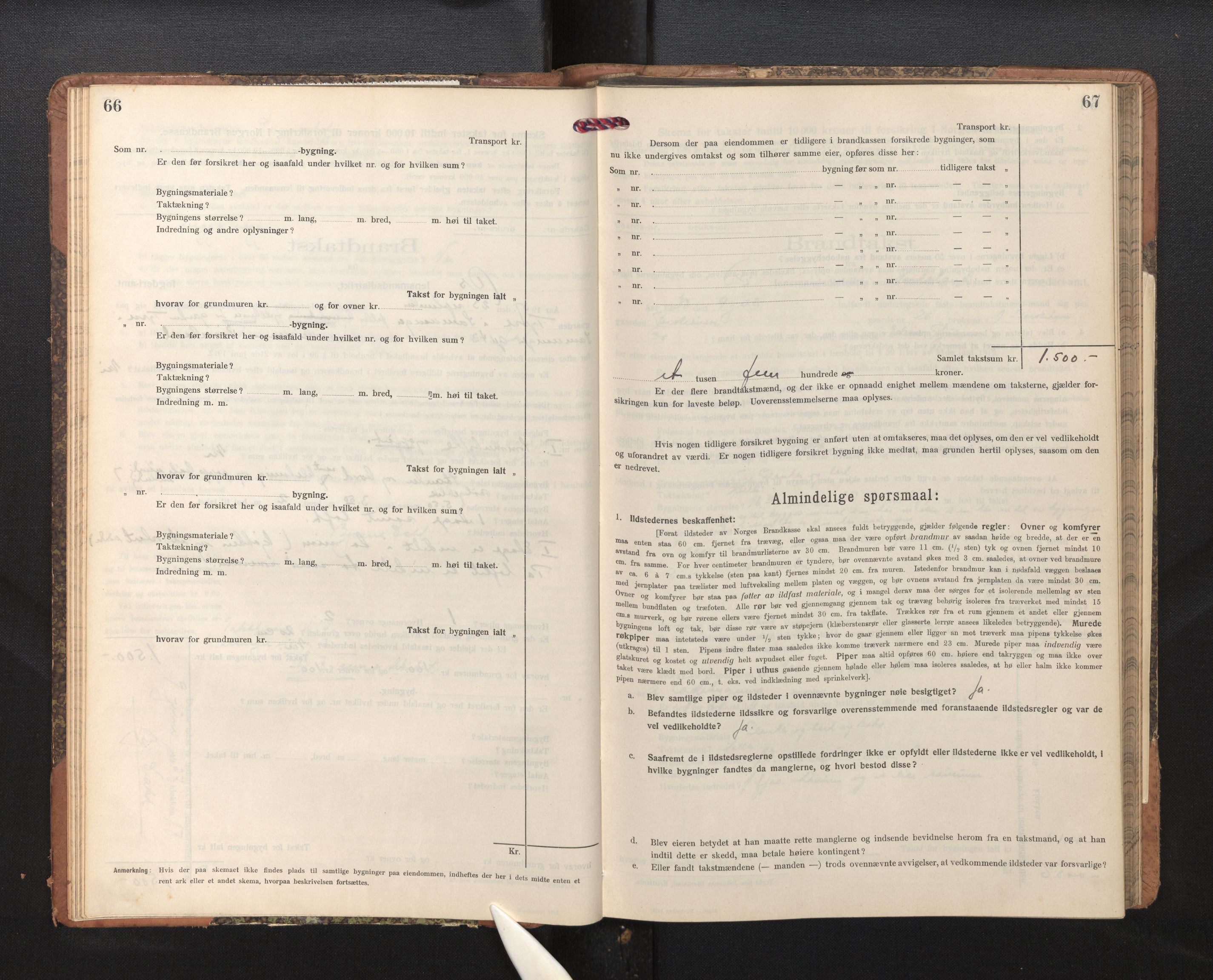 Lensmannen i Os, AV/SAB-A-34101/0012/L0009: Branntakstprotokoll, skjematakst, 1915-1955, p. 66-67