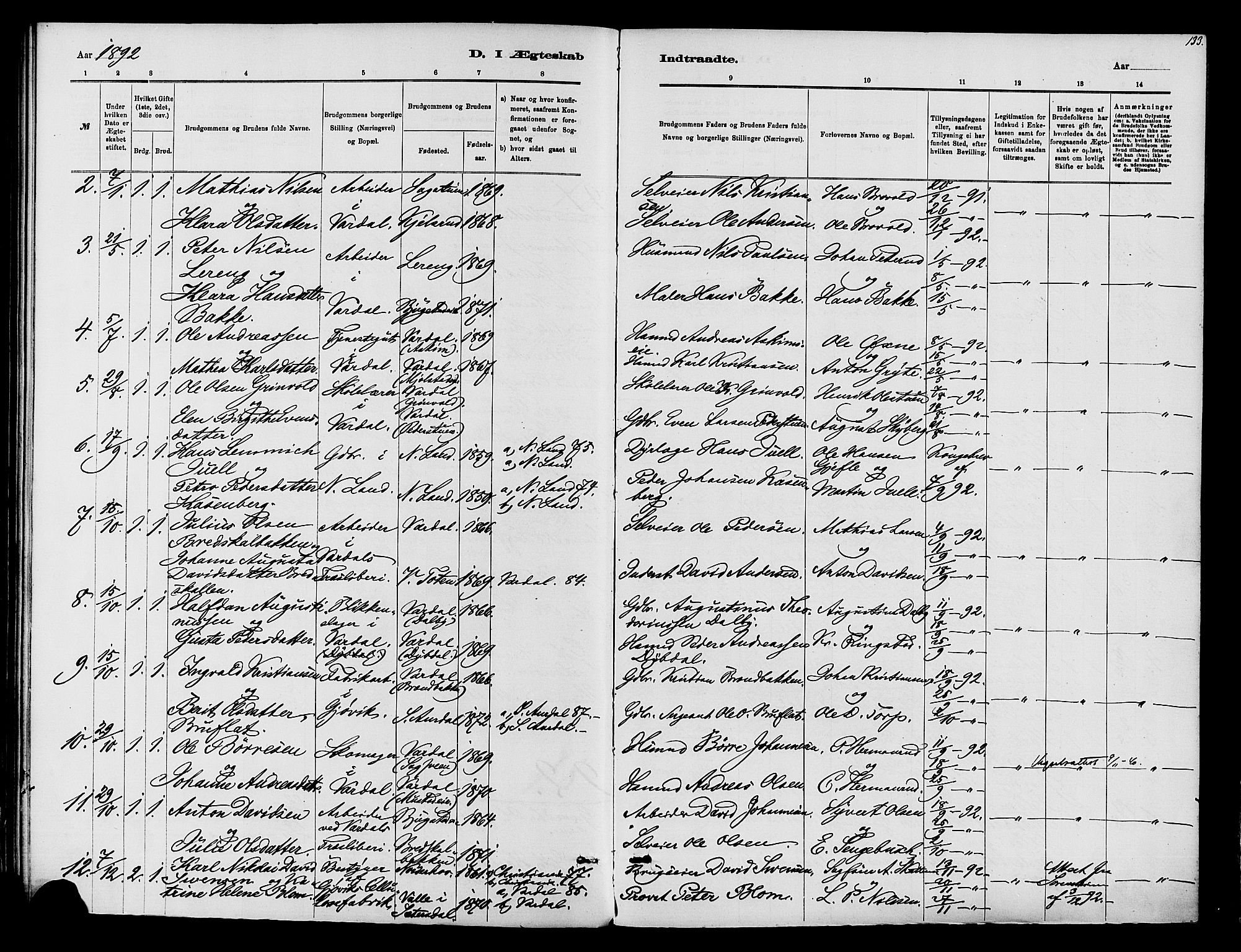 Vardal prestekontor, SAH/PREST-100/H/Ha/Haa/L0010: Parish register (official) no. 10, 1878-1893, p. 133