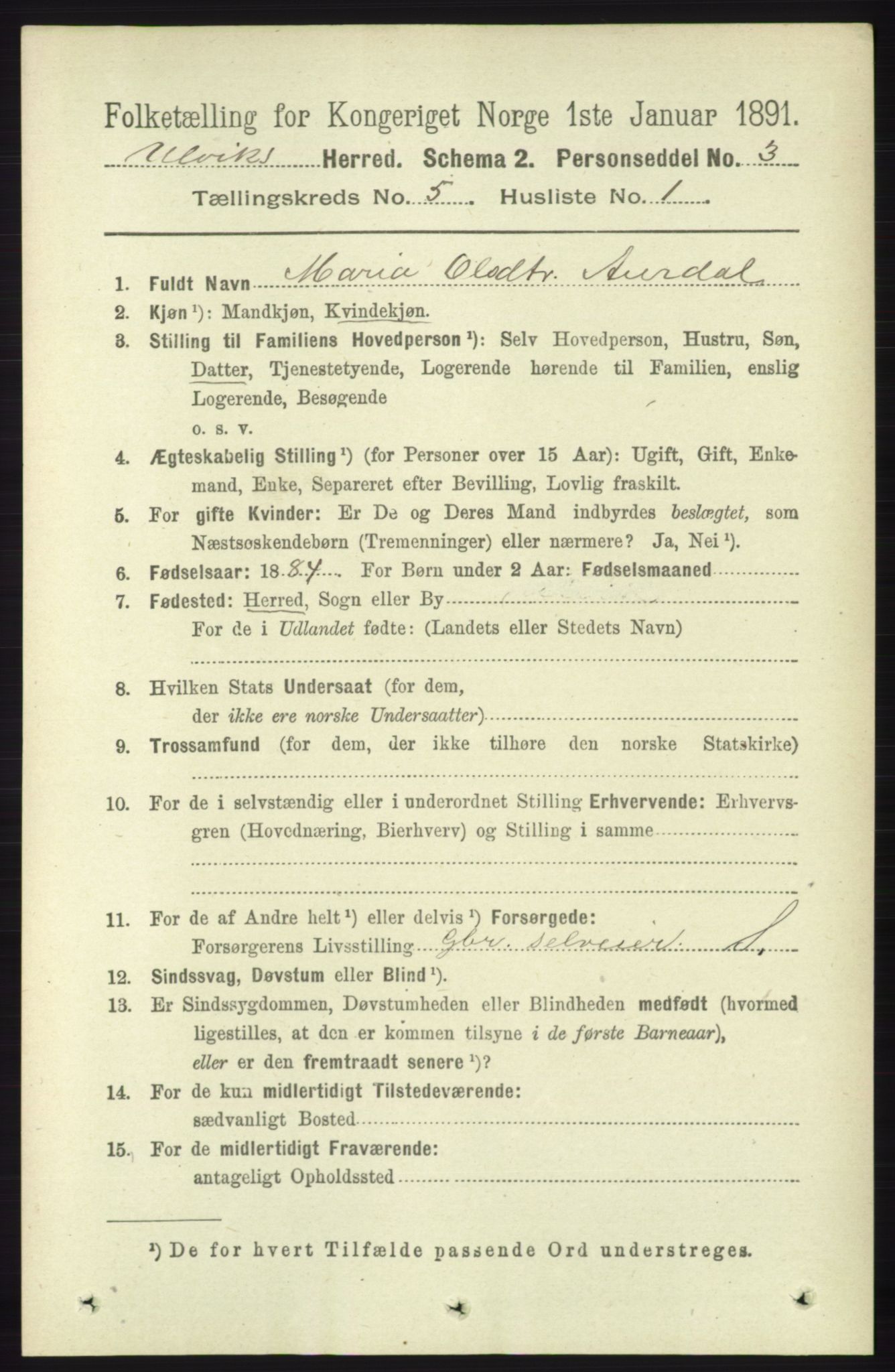 RA, 1891 census for 1233 Ulvik, 1891, p. 1404