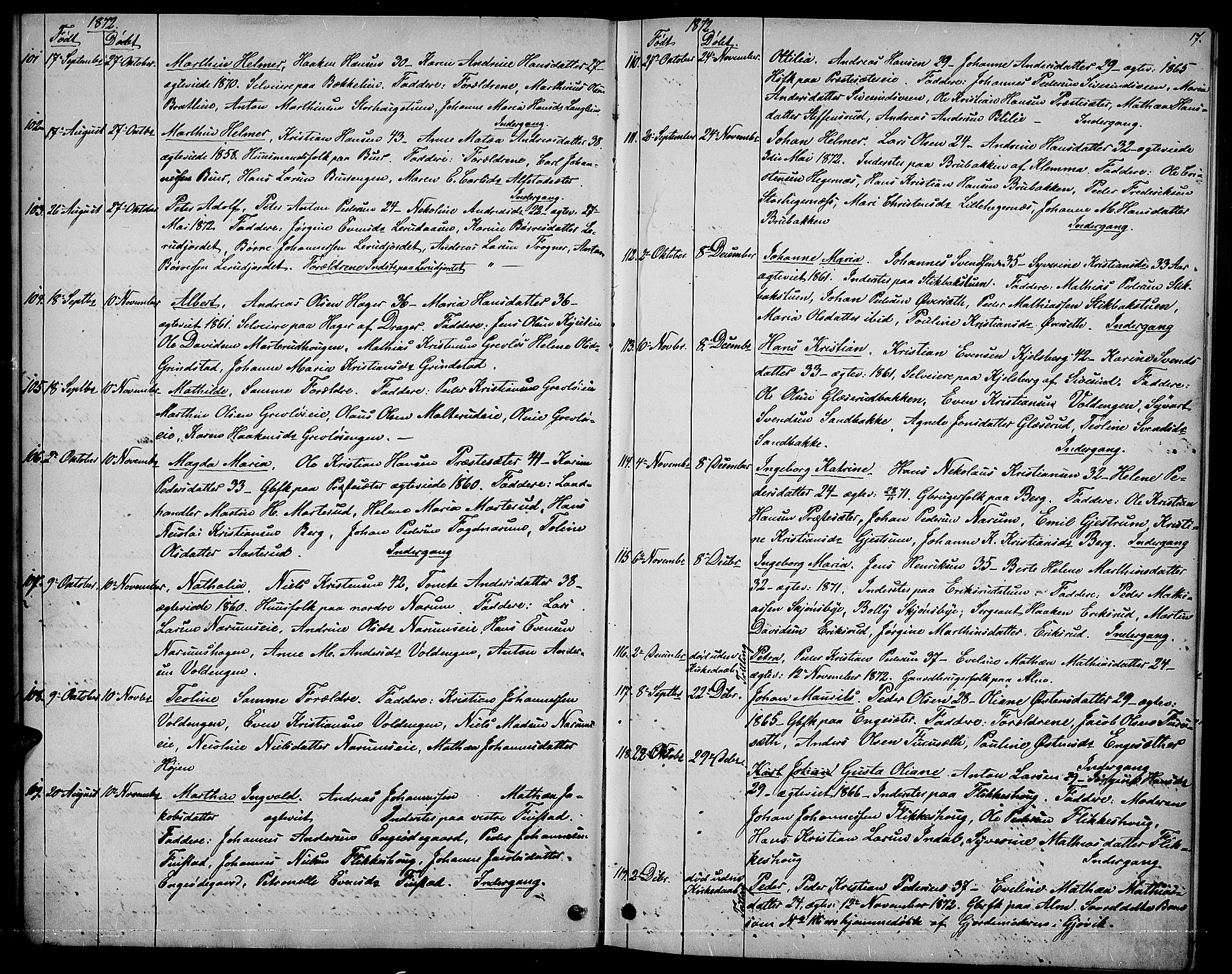 Vestre Toten prestekontor, SAH/PREST-108/H/Ha/Hab/L0006: Parish register (copy) no. 6, 1870-1887, p. 17