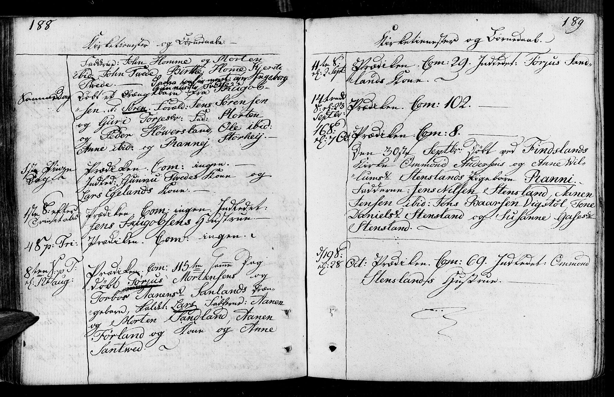 Vennesla sokneprestkontor, AV/SAK-1111-0045/Fa/Faa/L0002: Parish register (official) no. A 2, 1785-1834, p. 188-189