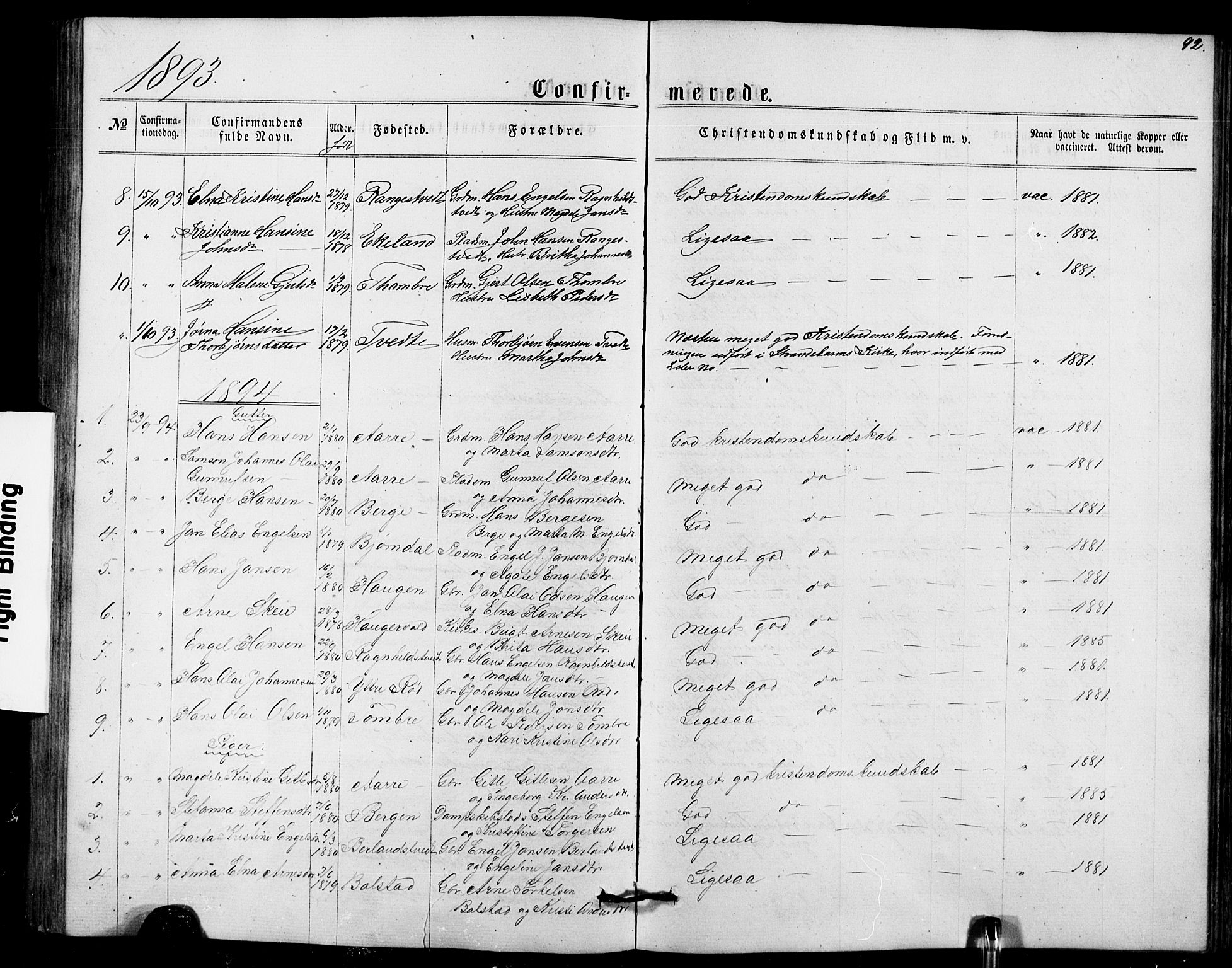 Fusa sokneprestembete, AV/SAB-A-75401/H/Hab: Parish register (copy) no. B 1, 1861-1896, p. 92