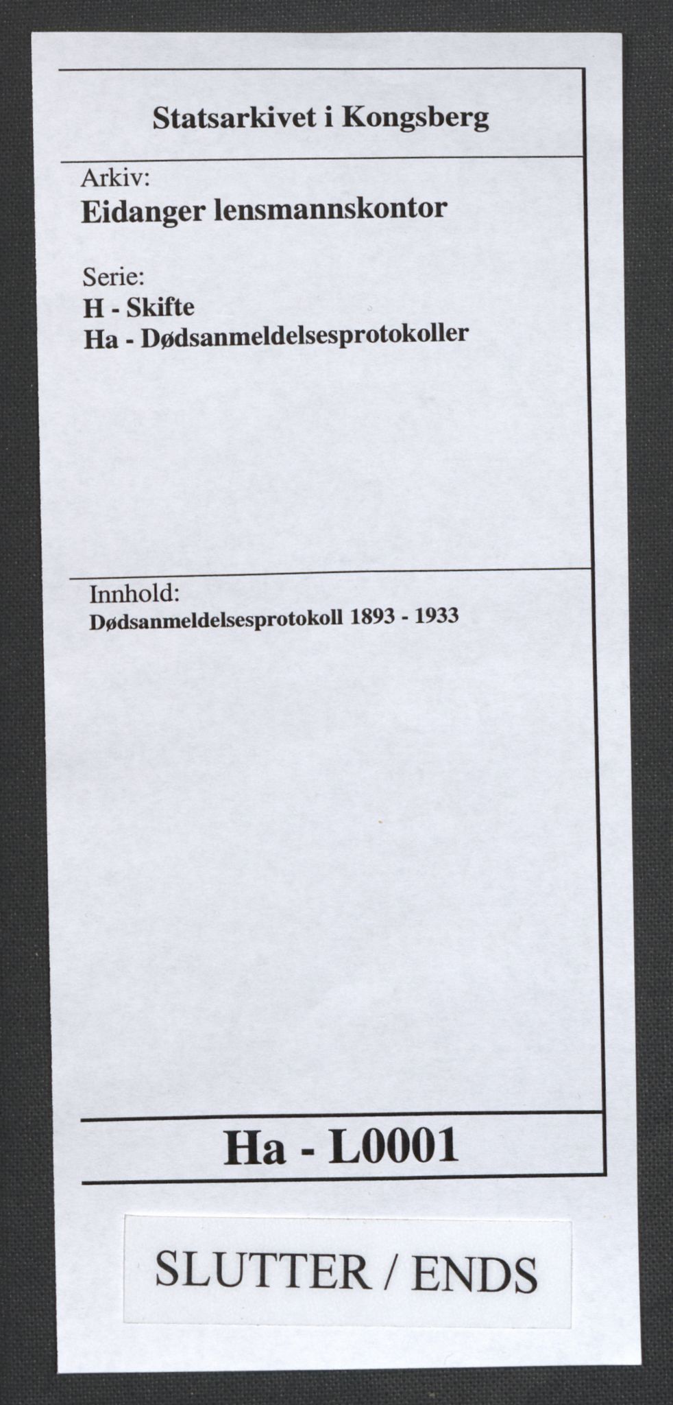 Eidanger lensmannskontor, AV/SAKO-A-102/H/Ha/L0001: Dødsanmeldelsesprotokoll, 1893-1933