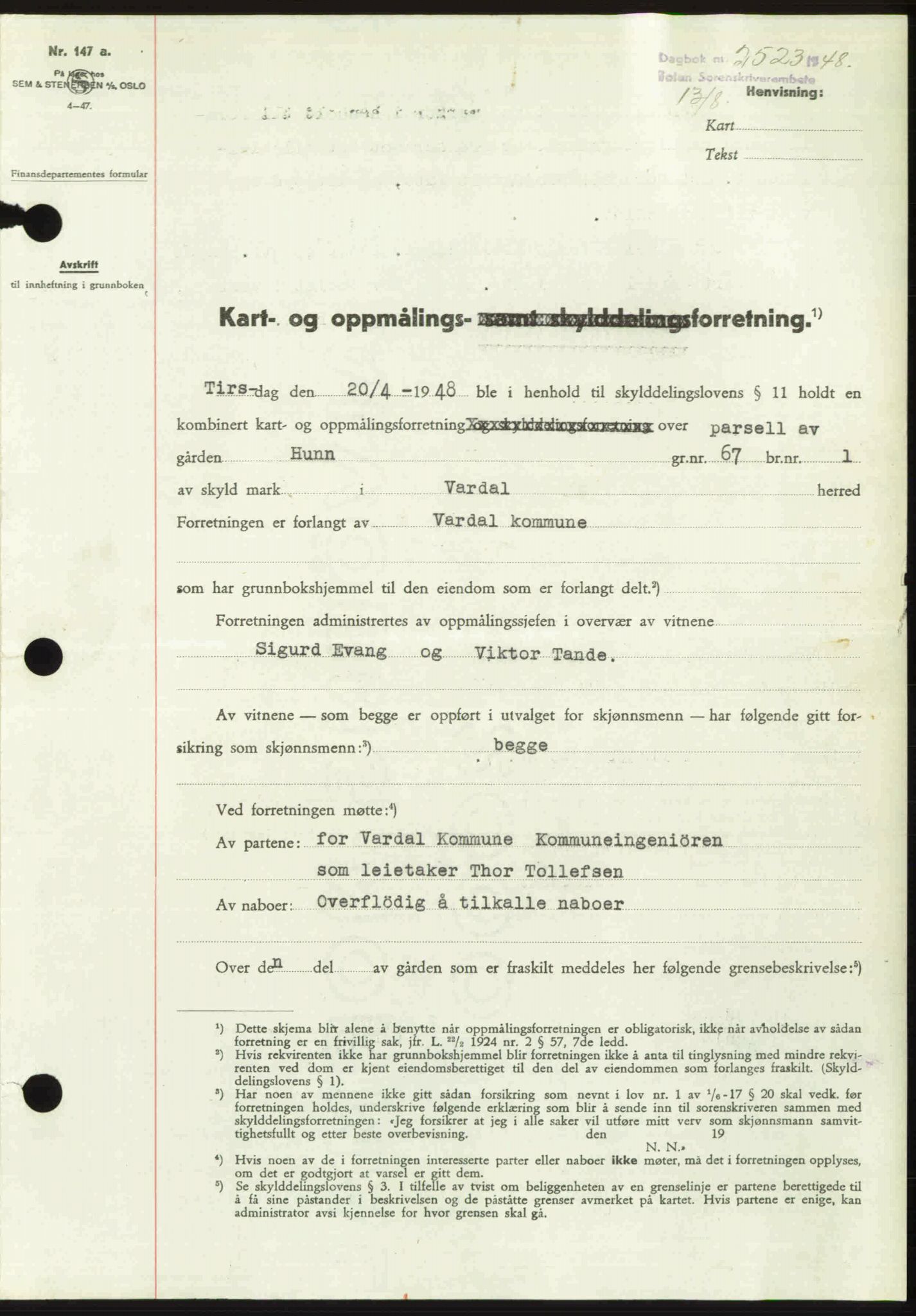 Toten tingrett, SAH/TING-006/H/Hb/Hbc/L0020: Mortgage book no. Hbc-20, 1948-1948, Diary no: : 2523/1948