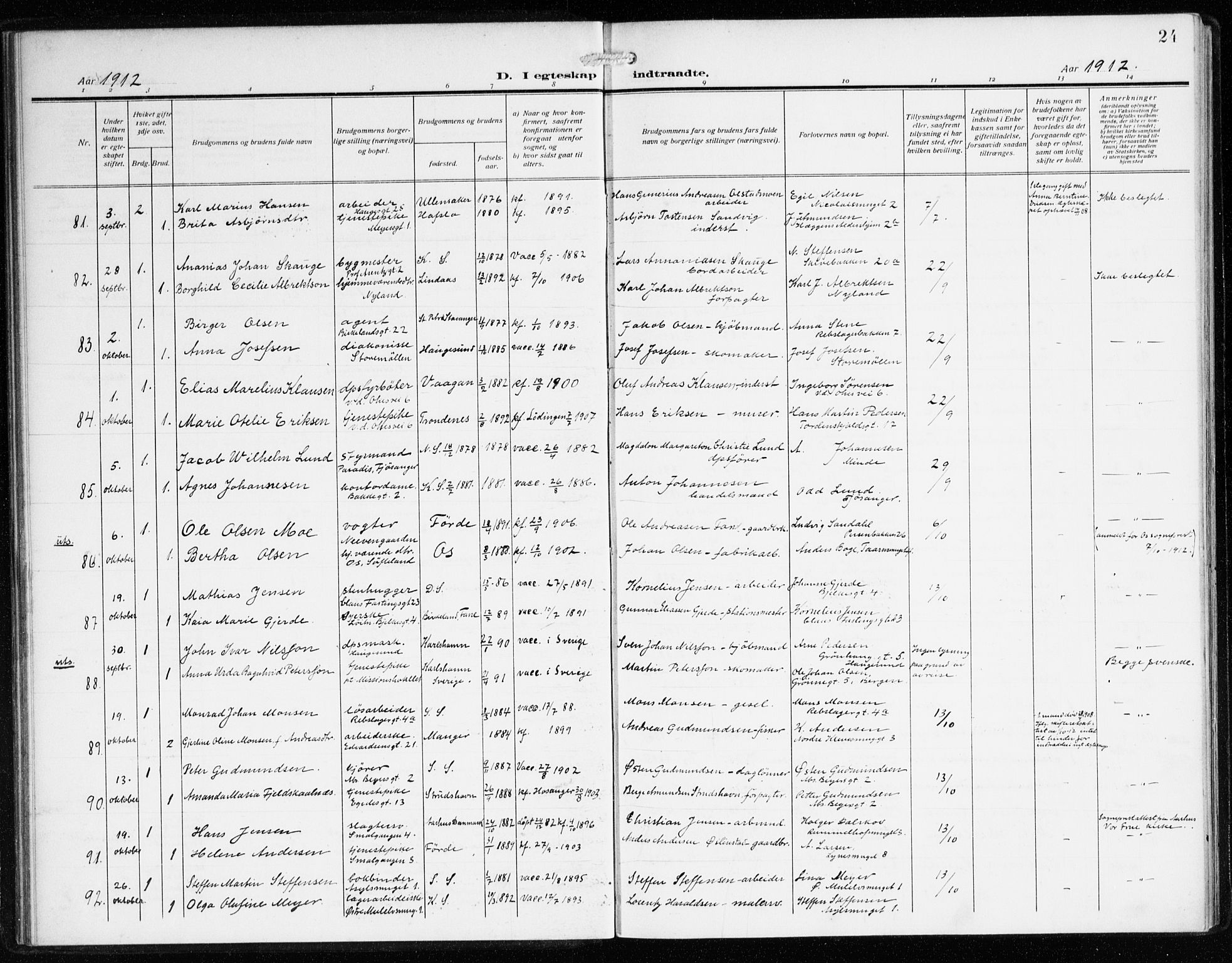 Sandviken Sokneprestembete, AV/SAB-A-77601/H/Ha/L0015: Parish register (official) no. D 2, 1911-1923, p. 24