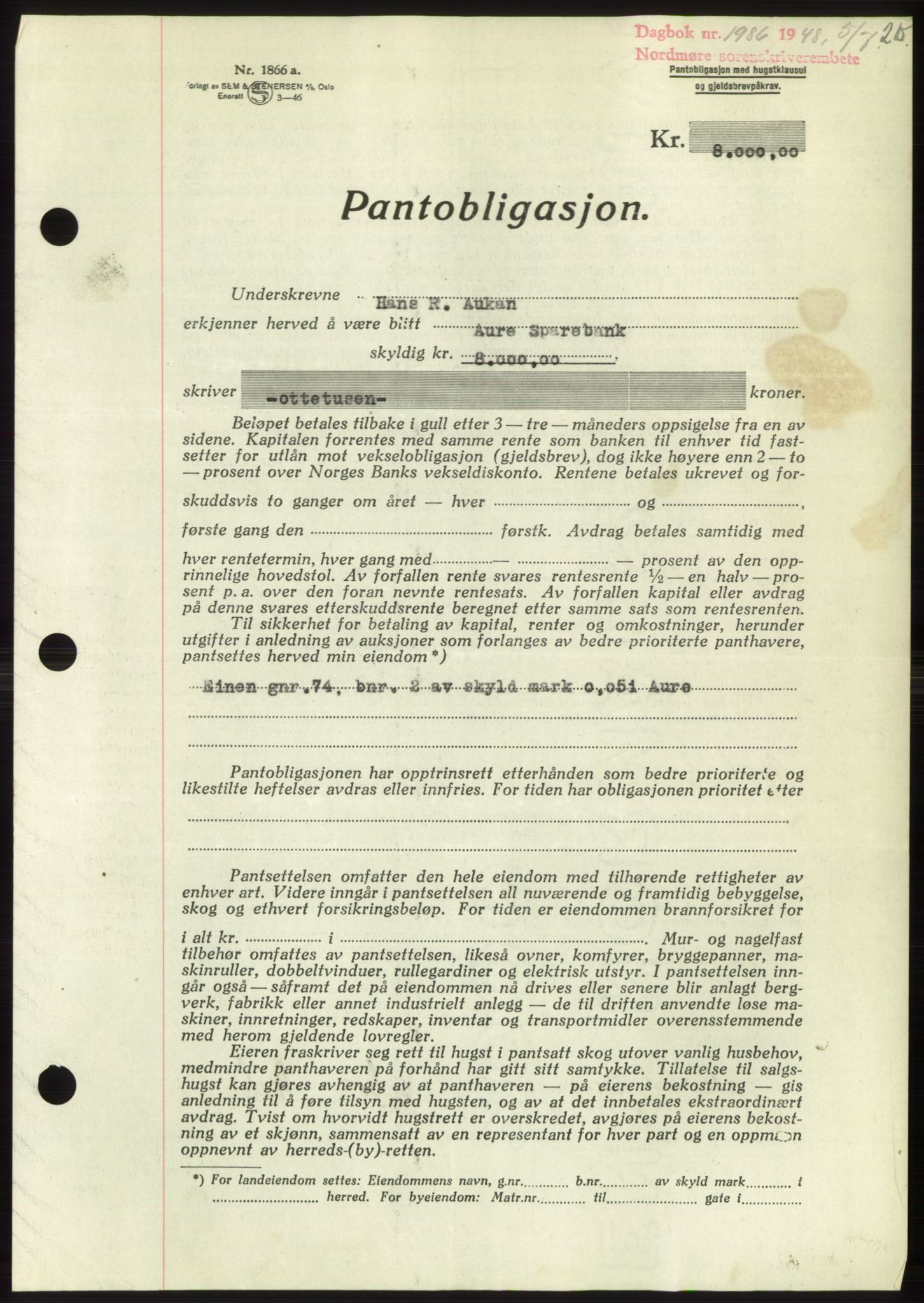 Nordmøre sorenskriveri, AV/SAT-A-4132/1/2/2Ca: Mortgage book no. B99, 1948-1948, Diary no: : 1986/1948