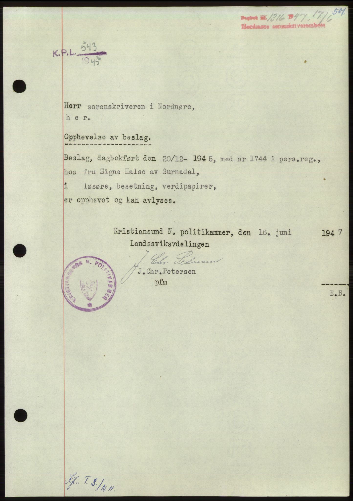 Nordmøre sorenskriveri, AV/SAT-A-4132/1/2/2Ca: Mortgage book no. B96, 1947-1947, Diary no: : 1316/1947