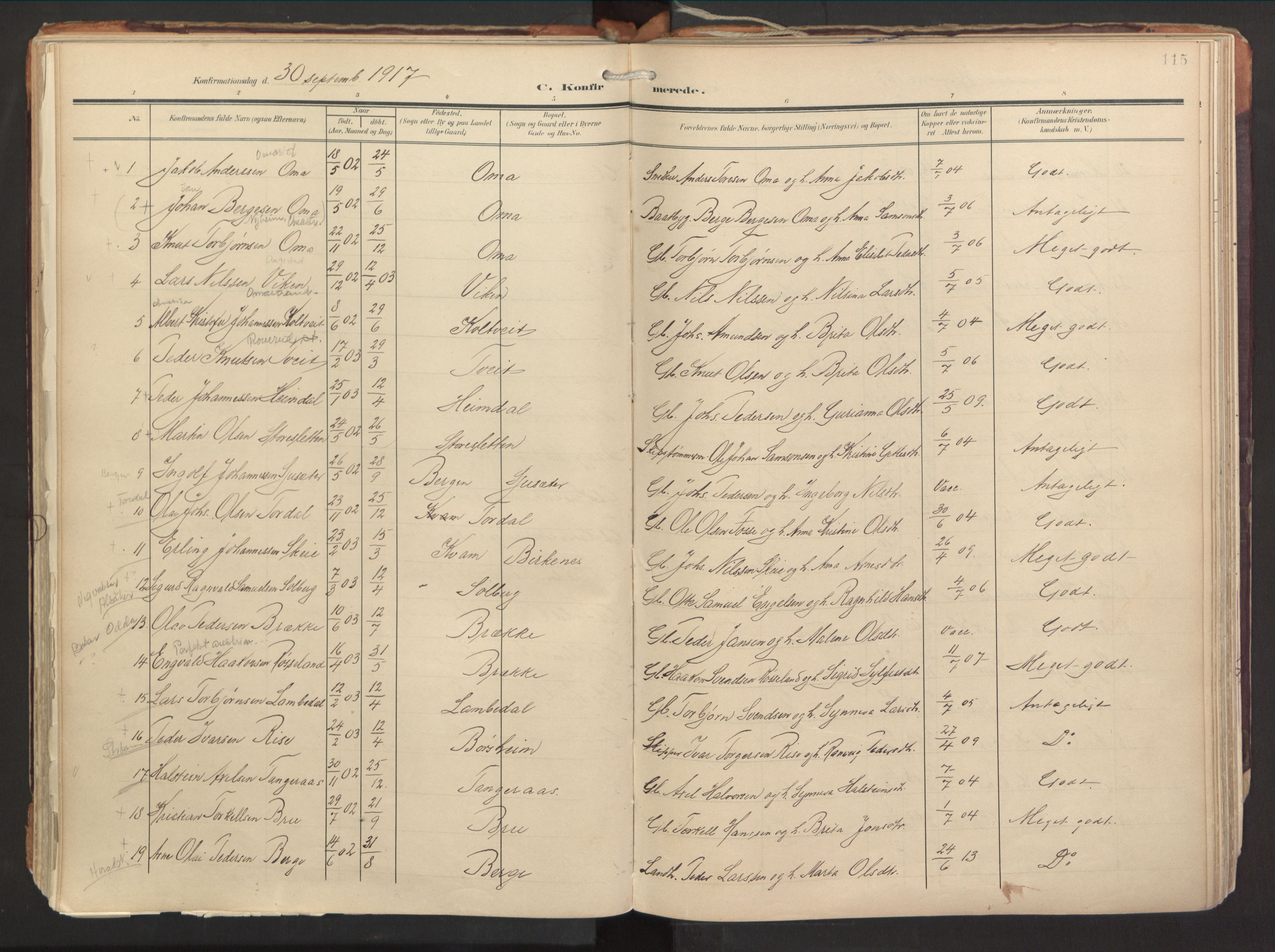 Strandebarm sokneprestembete, AV/SAB-A-78401/H/Haa: Parish register (official) no. B 2, 1909-1941, p. 115
