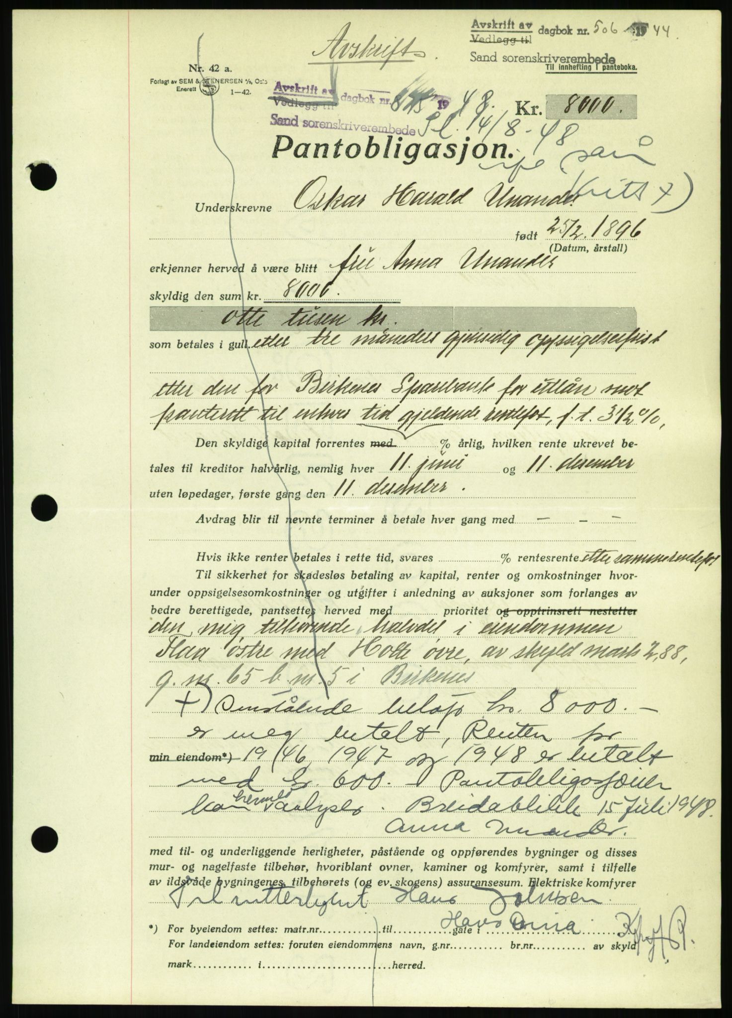 Vestre Nedenes/Sand sorenskriveri, AV/SAK-1221-0010/G/Gb/Gbb/L0003: Mortgage book no. B 3, 1941-1944, Diary no: : 506/1944