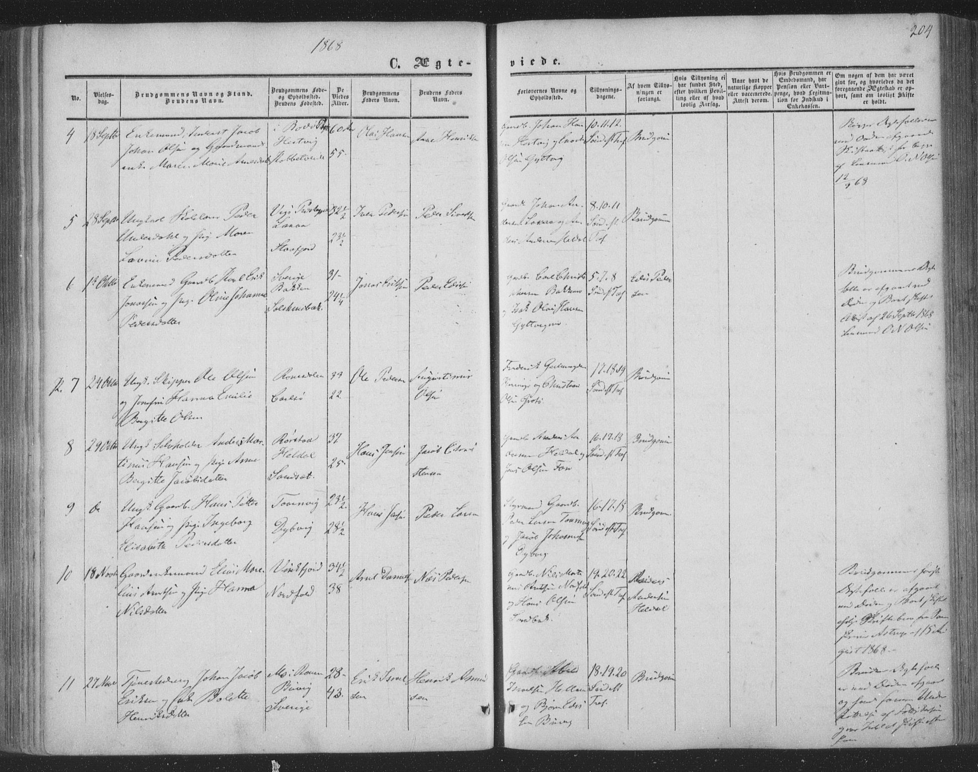 Ministerialprotokoller, klokkerbøker og fødselsregistre - Nordland, AV/SAT-A-1459/853/L0770: Parish register (official) no. 853A09, 1857-1870, p. 204