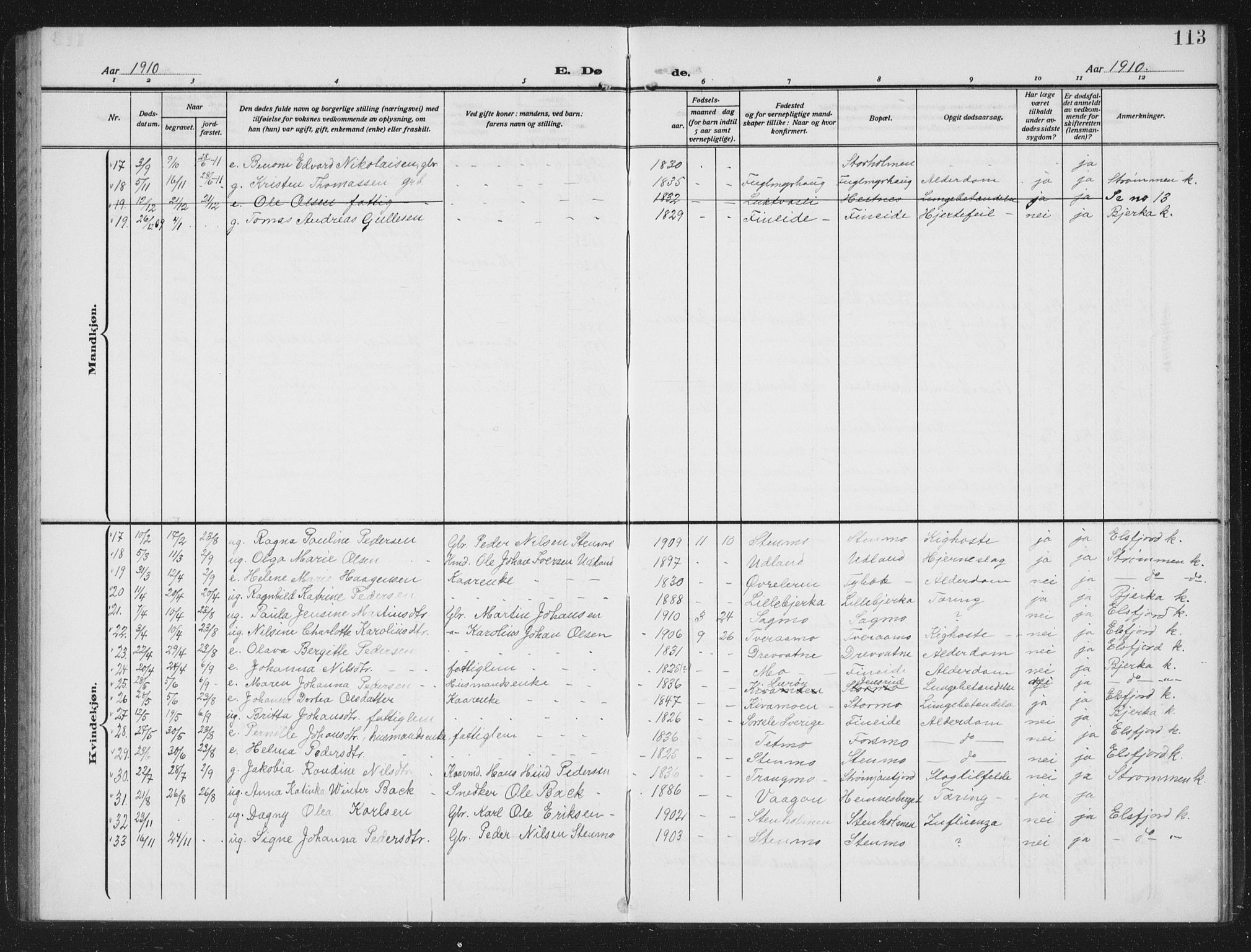 Ministerialprotokoller, klokkerbøker og fødselsregistre - Nordland, AV/SAT-A-1459/825/L0371: Parish register (copy) no. 825C08, 1907-1940, p. 113