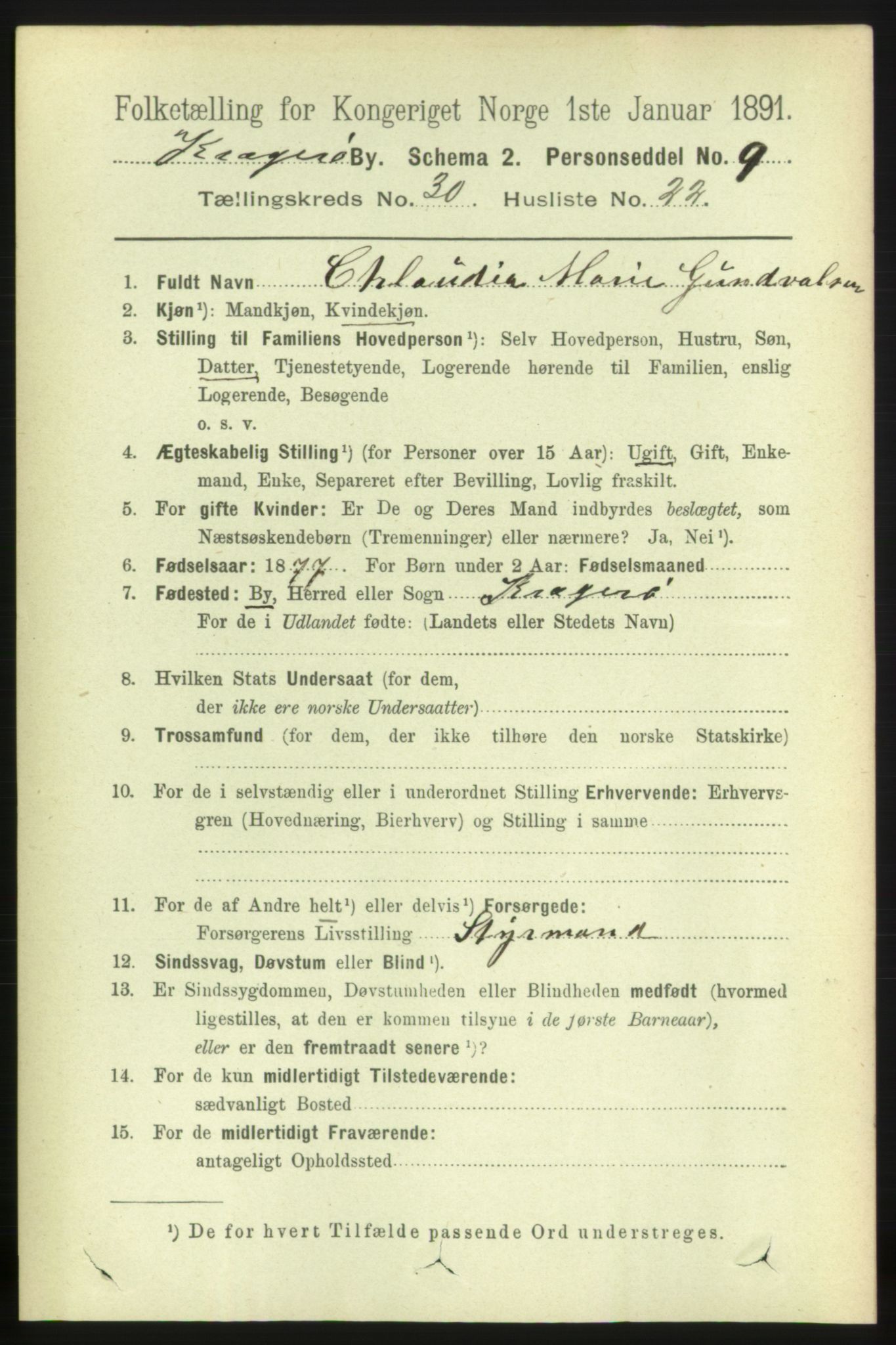 RA, 1891 census for 0801 Kragerø, 1891, p. 5697