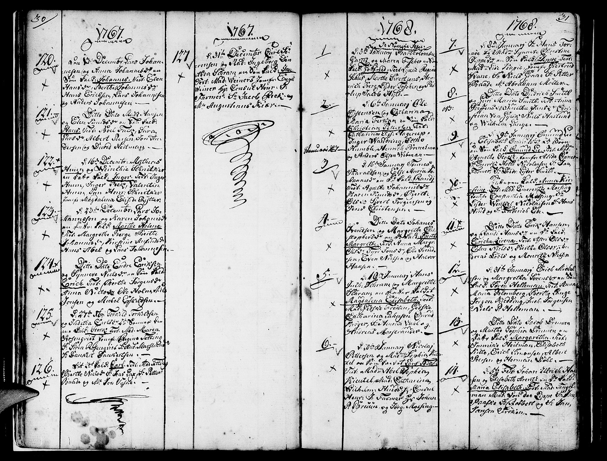 Nykirken Sokneprestembete, SAB/A-77101/H/Haa/L0004: Parish register (official) no. A 4, 1765-1775, p. 30-31