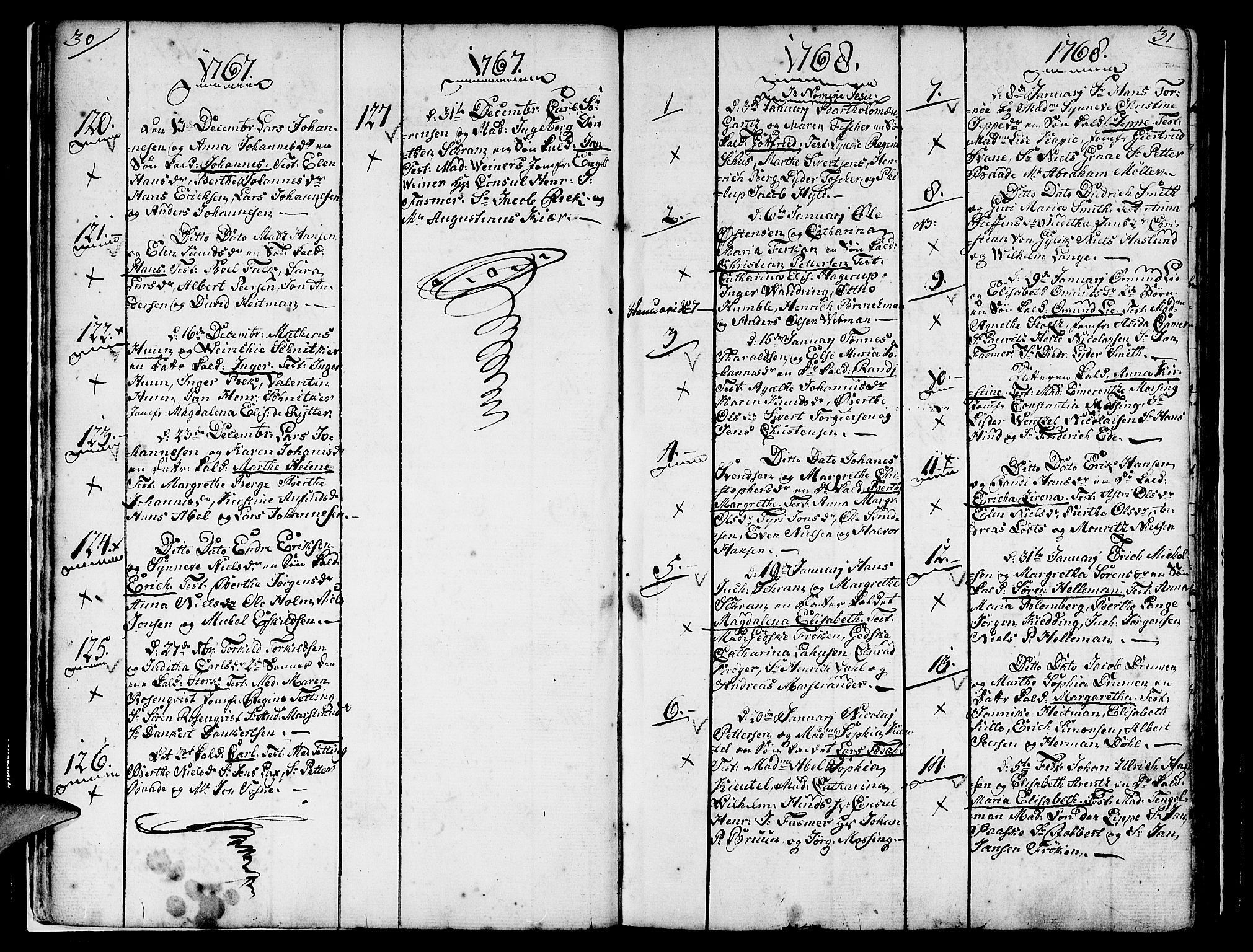 Nykirken Sokneprestembete, AV/SAB-A-77101/H/Haa/L0004: Parish register (official) no. A 4, 1765-1775, p. 30-31