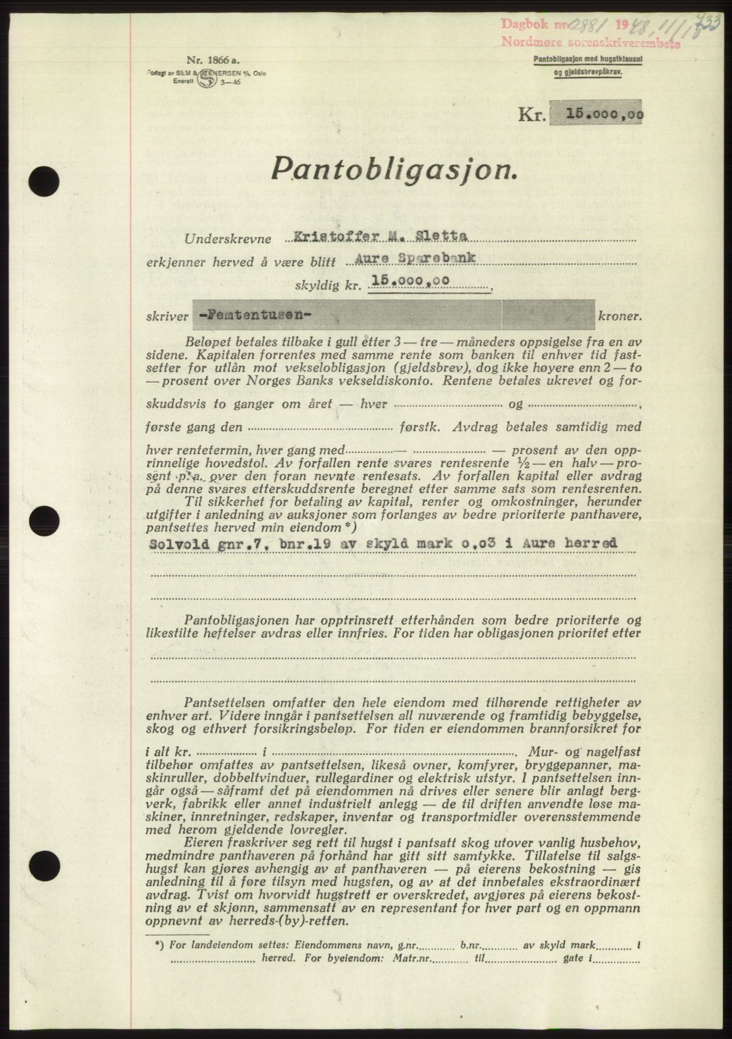 Nordmøre sorenskriveri, AV/SAT-A-4132/1/2/2Ca: Mortgage book no. B99, 1948-1948, Diary no: : 2881/1948