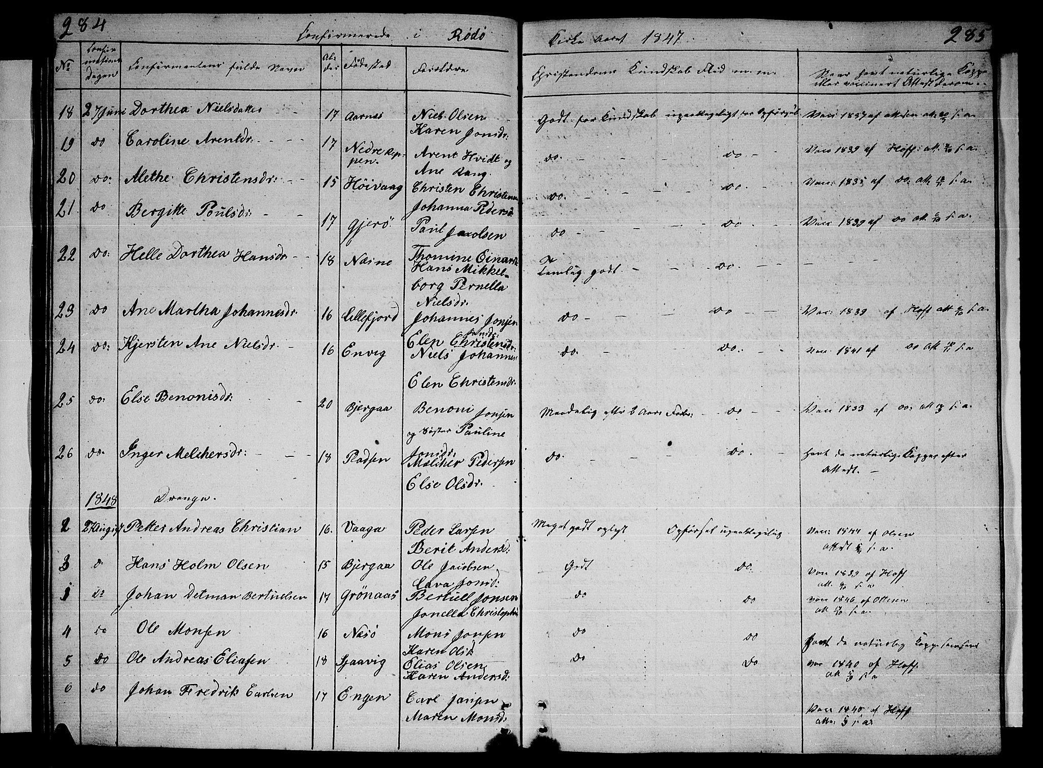 Ministerialprotokoller, klokkerbøker og fødselsregistre - Nordland, AV/SAT-A-1459/841/L0618: Parish register (copy) no. 841C02, 1833-1855, p. 284-285