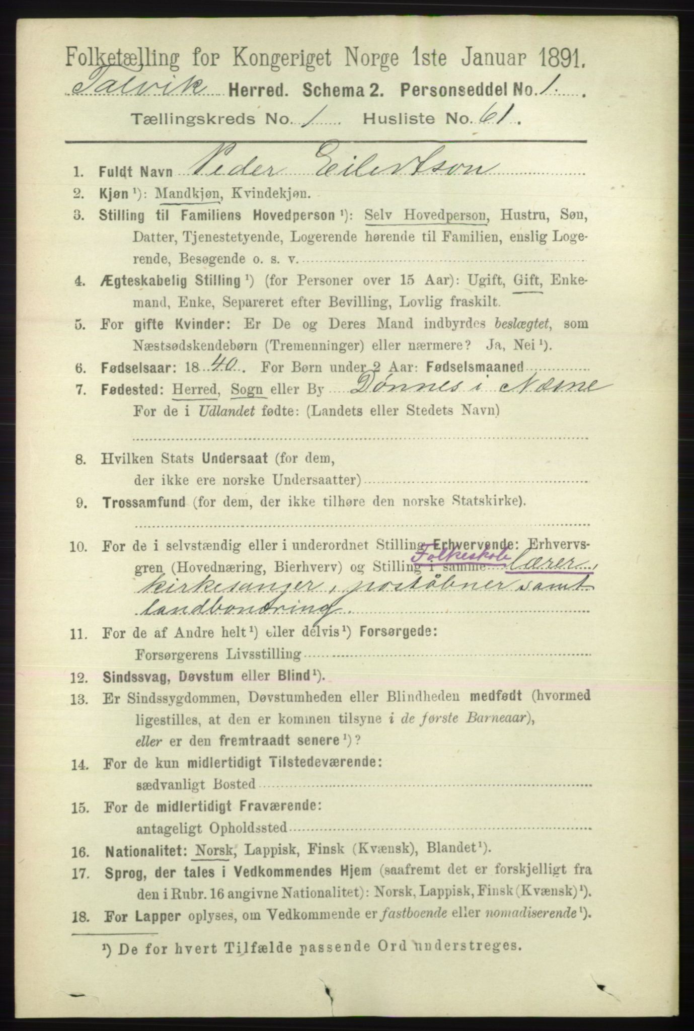 RA, 1891 census for 2013 Talvik, 1891, p. 485