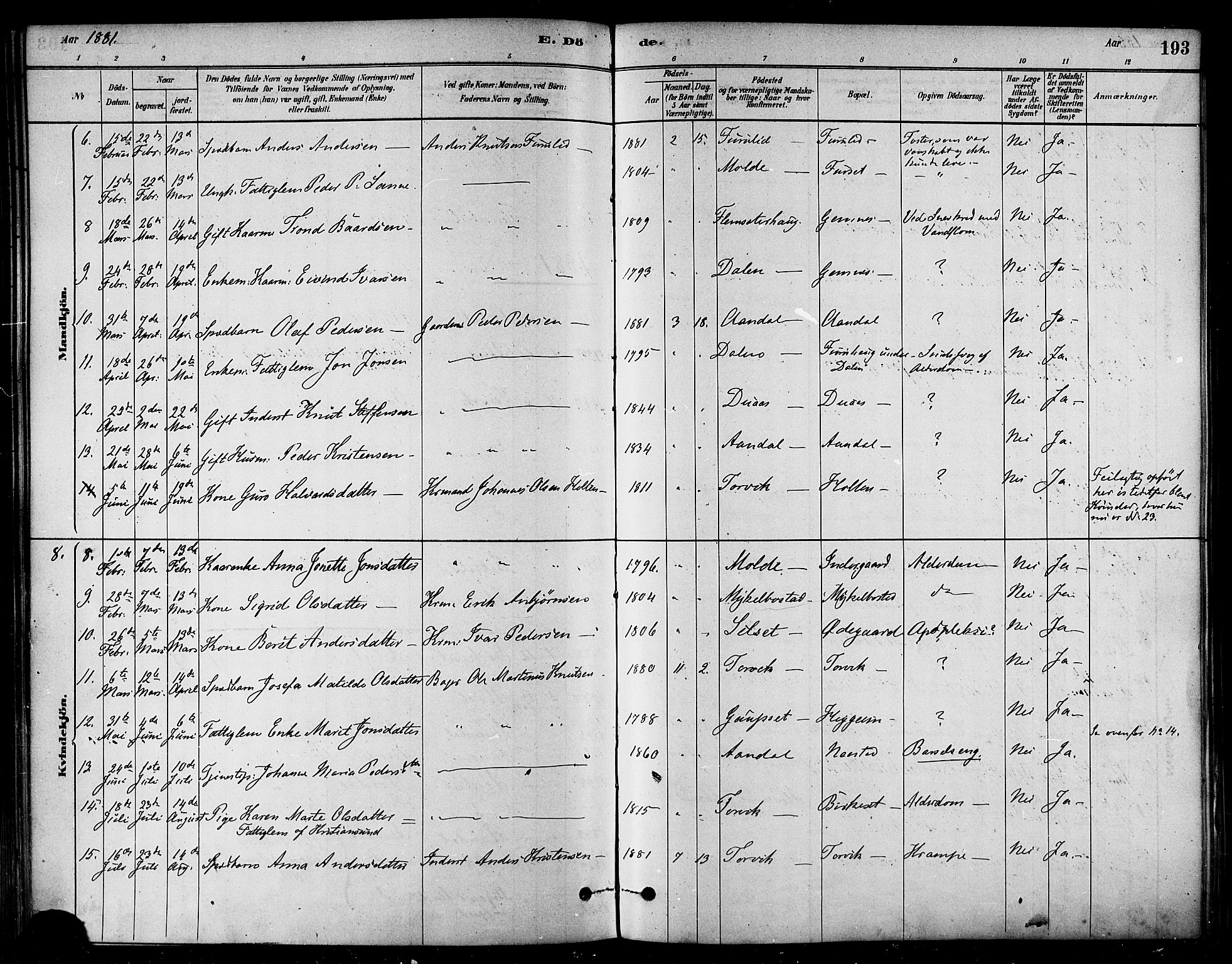 Ministerialprotokoller, klokkerbøker og fødselsregistre - Møre og Romsdal, AV/SAT-A-1454/584/L0967: Parish register (official) no. 584A07, 1879-1894, p. 193