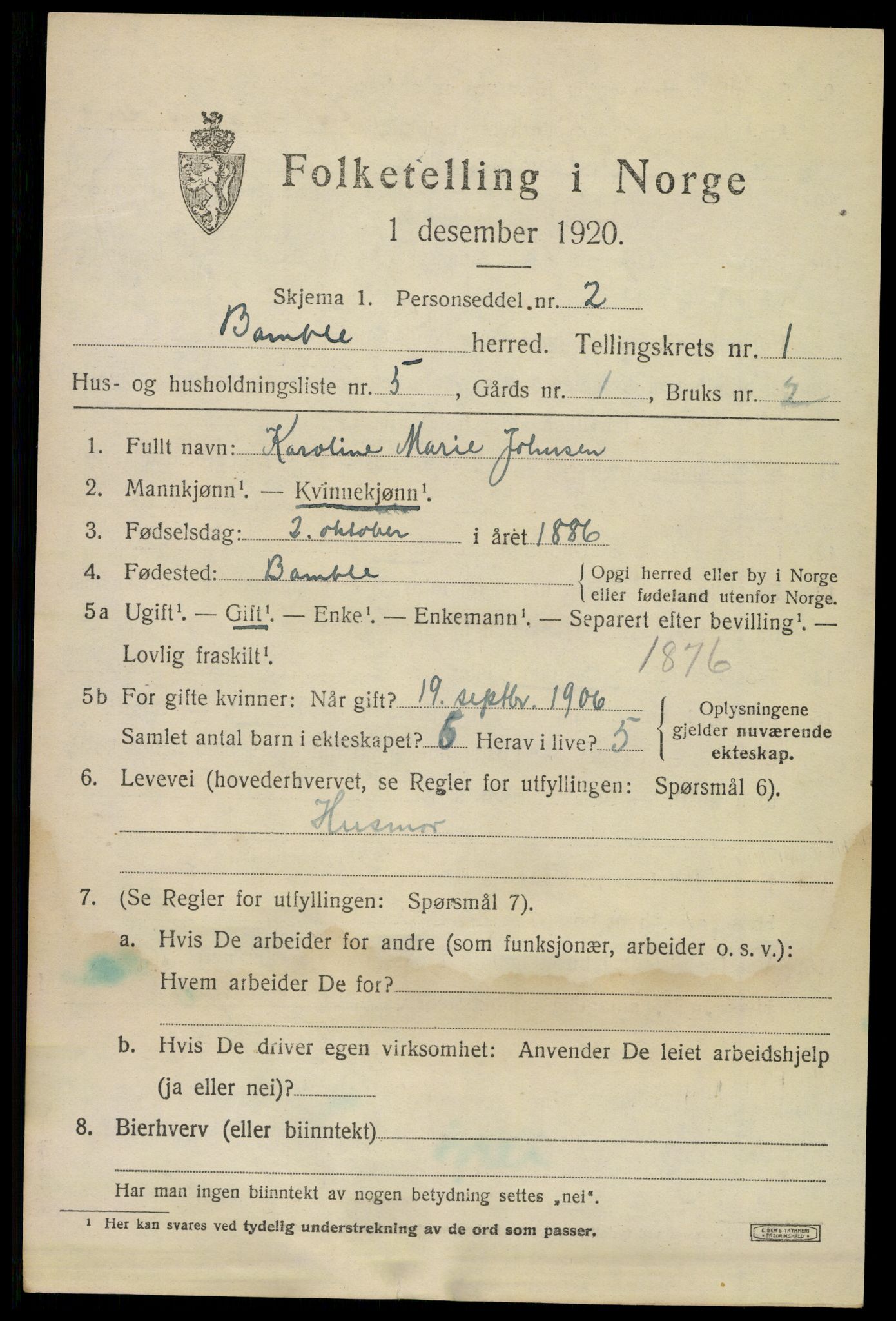 SAKO, 1920 census for Bamble, 1920, p. 2023