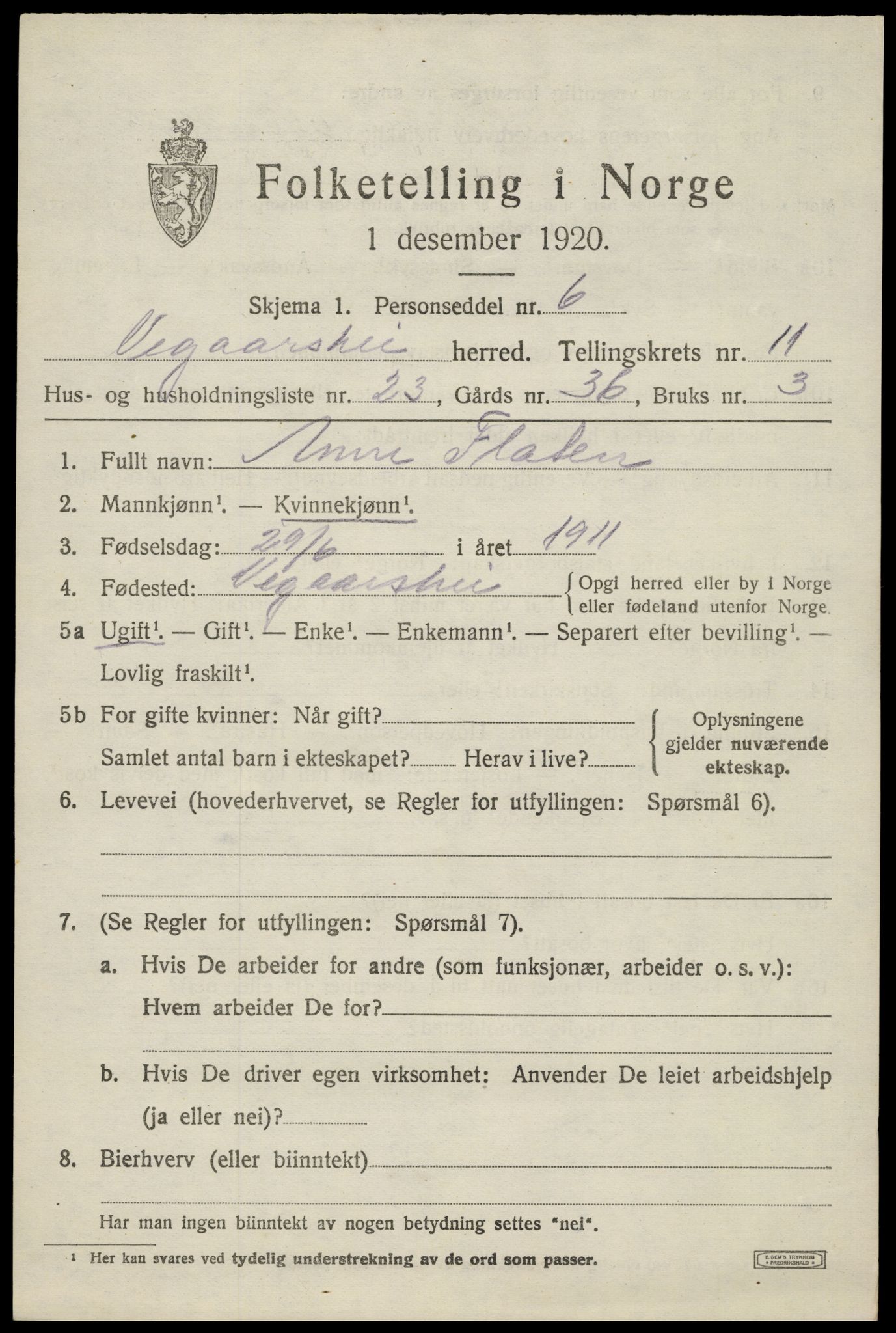 SAK, 1920 census for Vegårshei, 1920, p. 3728