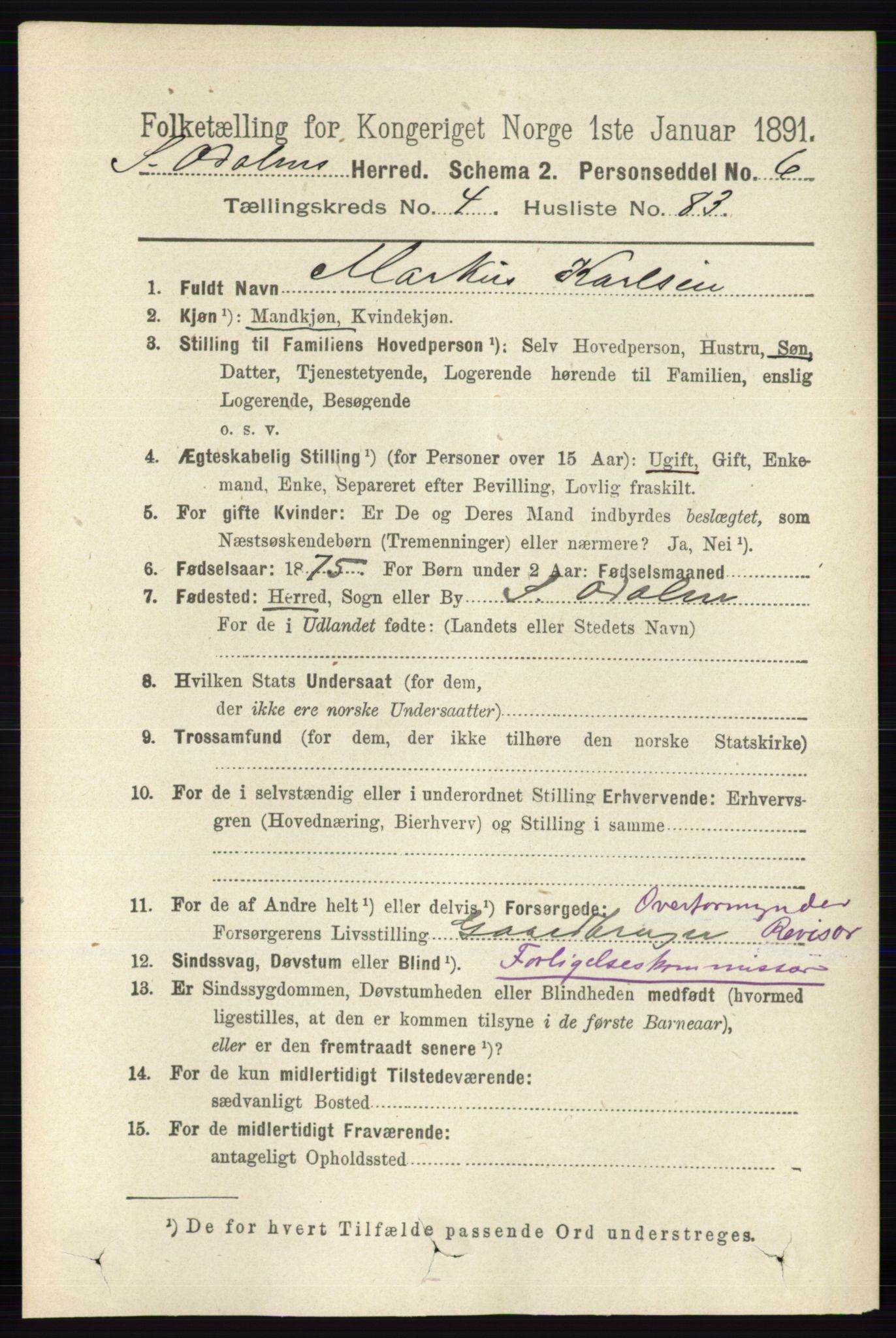 RA, 1891 census for 0419 Sør-Odal, 1891, p. 2263