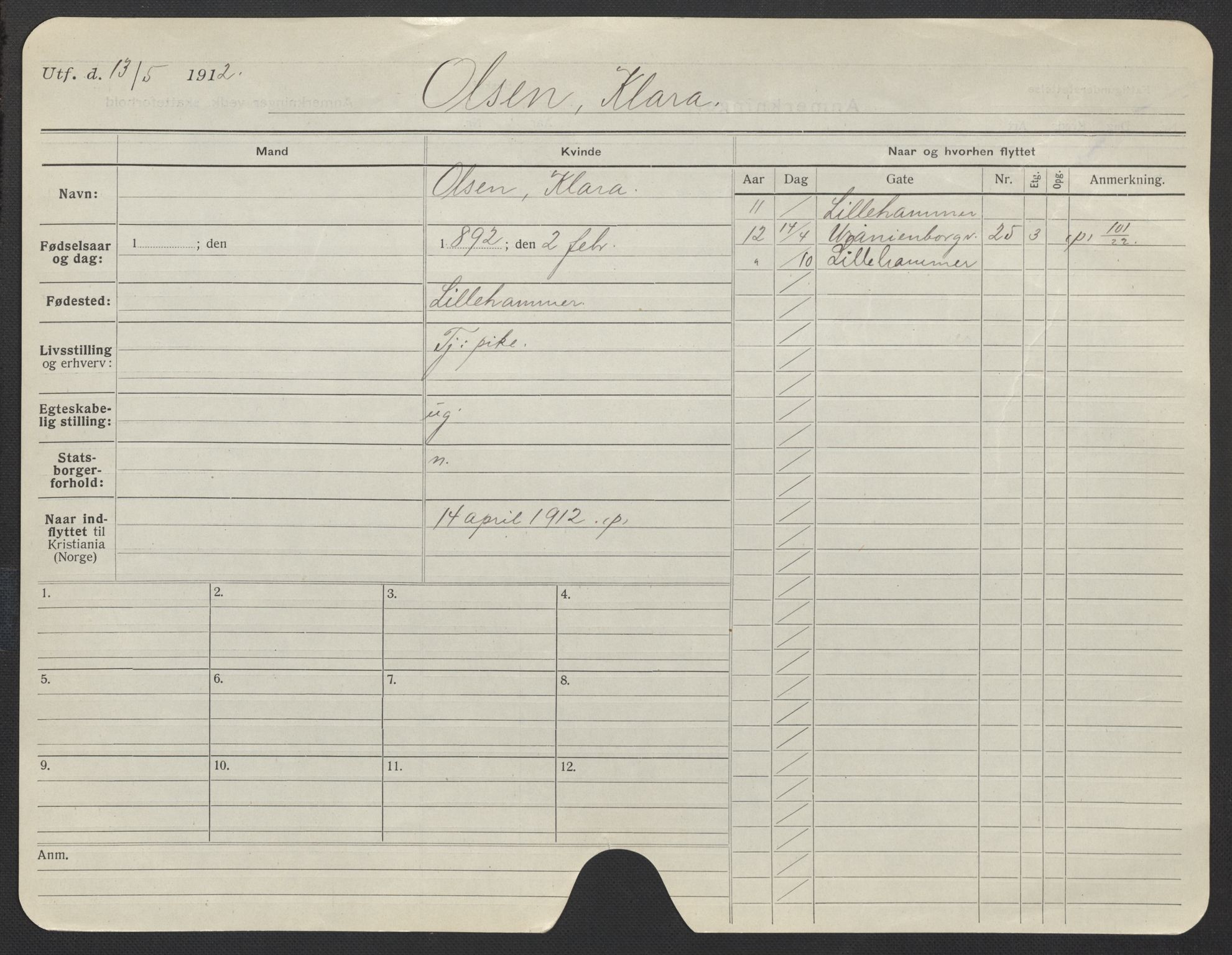 Oslo folkeregister, Registerkort, AV/SAO-A-11715/F/Fa/Fac/L0022: Kvinner, 1906-1914, p. 48a