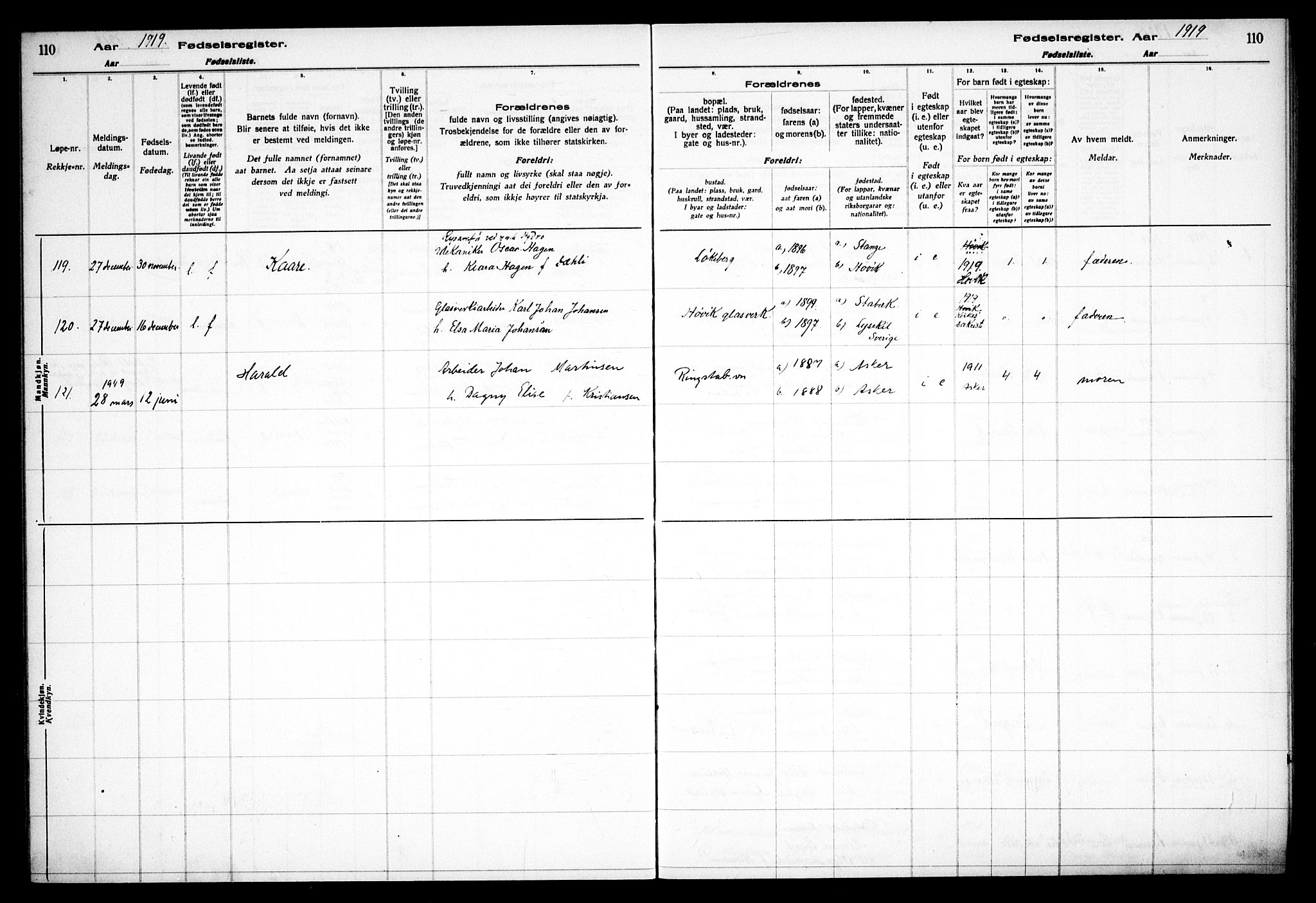 Østre Bærum prestekontor Kirkebøker, SAO/A-10887/J/Ja/L0001: Birth register no. 1, 1916-1922, p. 110