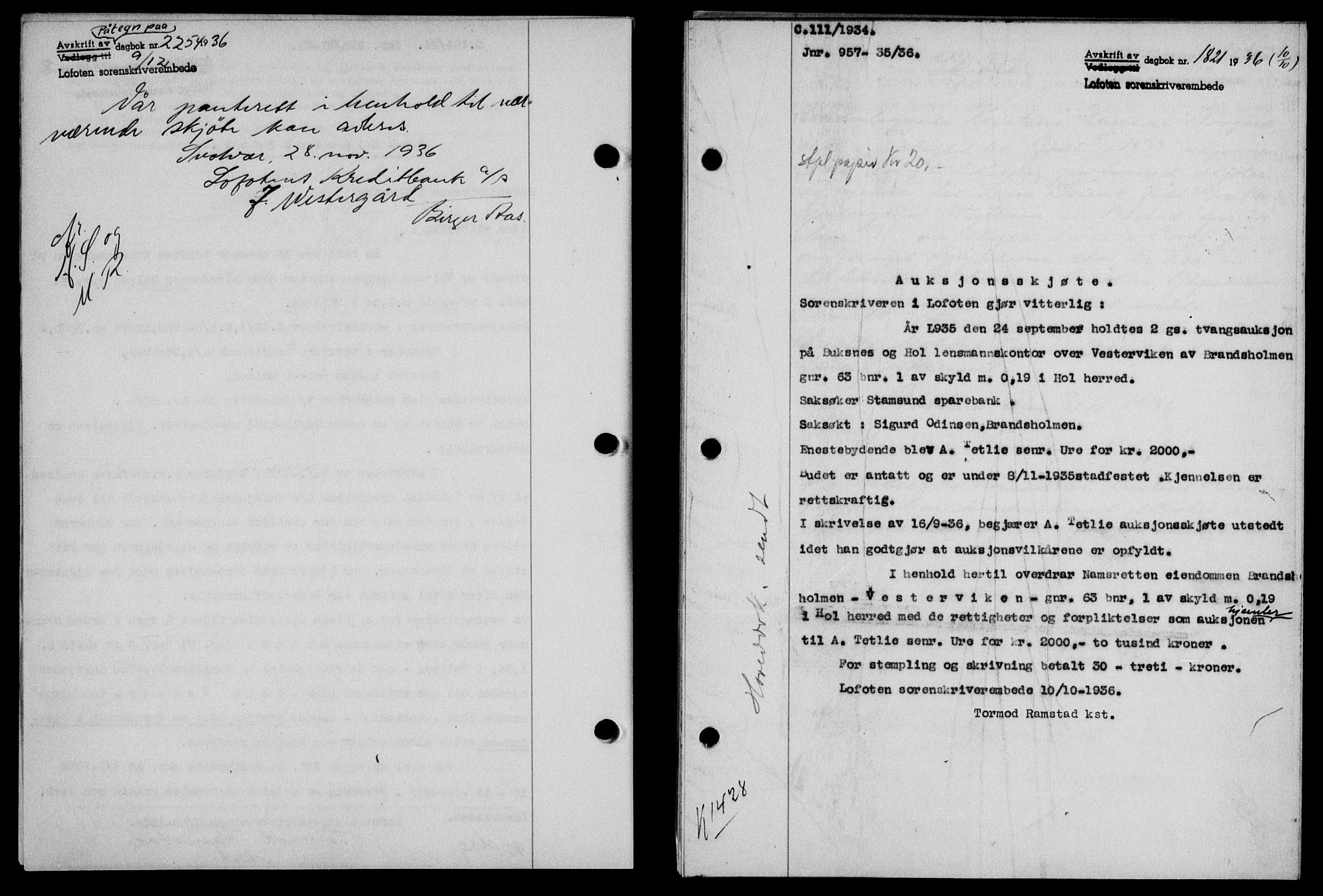 Lofoten sorenskriveri, SAT/A-0017/1/2/2C/L0001a: Mortgage book no. 1a, 1936-1937, Diary no: : 1821/1936