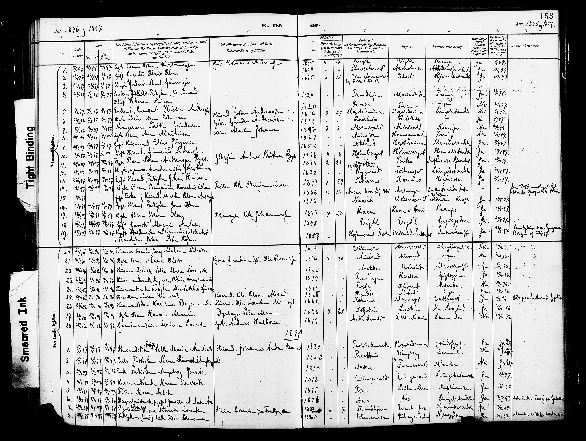 Ministerialprotokoller, klokkerbøker og fødselsregistre - Nord-Trøndelag, SAT/A-1458/713/L0121: Parish register (official) no. 713A10, 1888-1898, p. 153