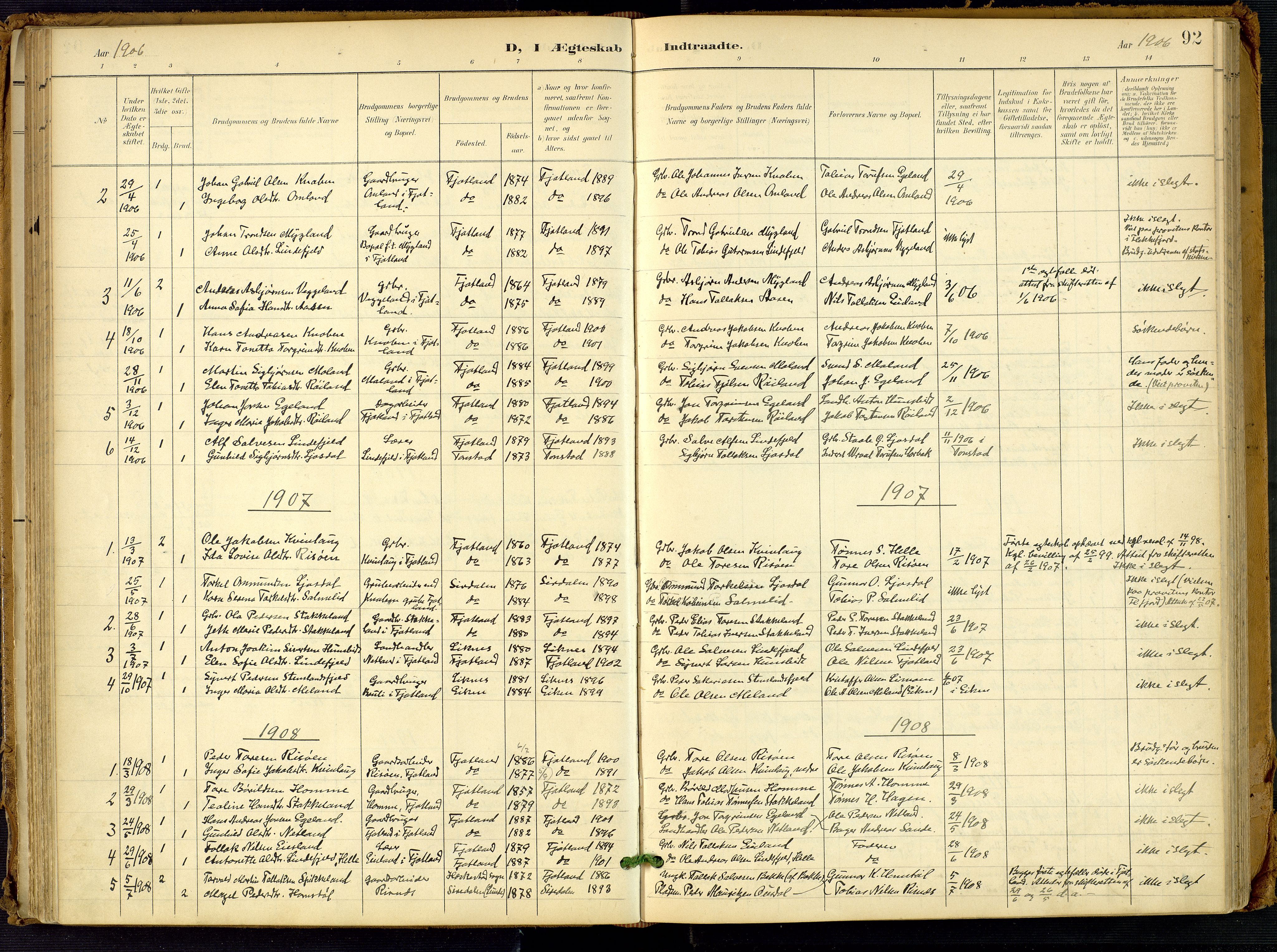 Fjotland sokneprestkontor, AV/SAK-1111-0010/F/Fa/L0003: Parish register (official) no. A 3, 1899-1917, p. 92